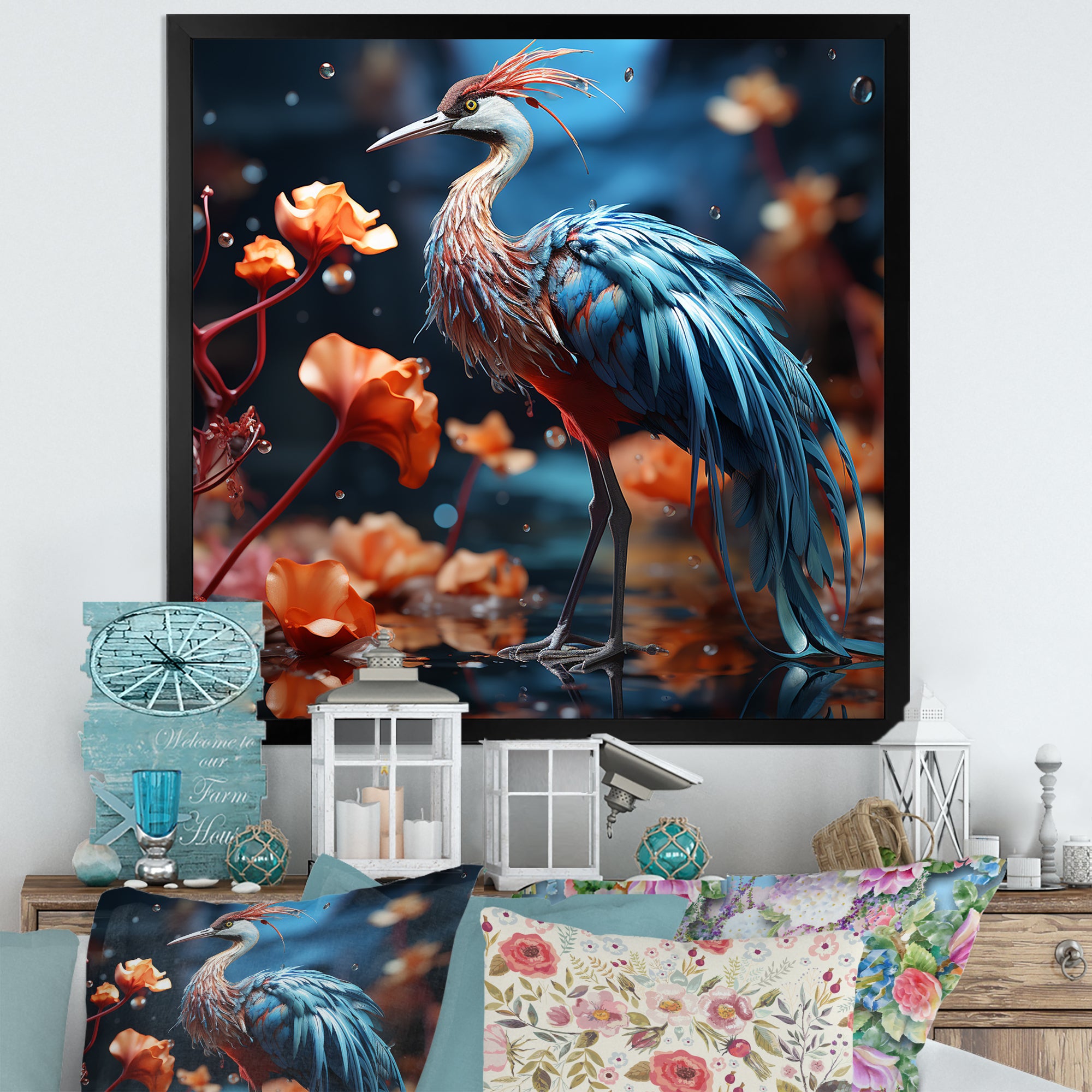 Watery Blues Heron - Bird Large Canvas Wall Art