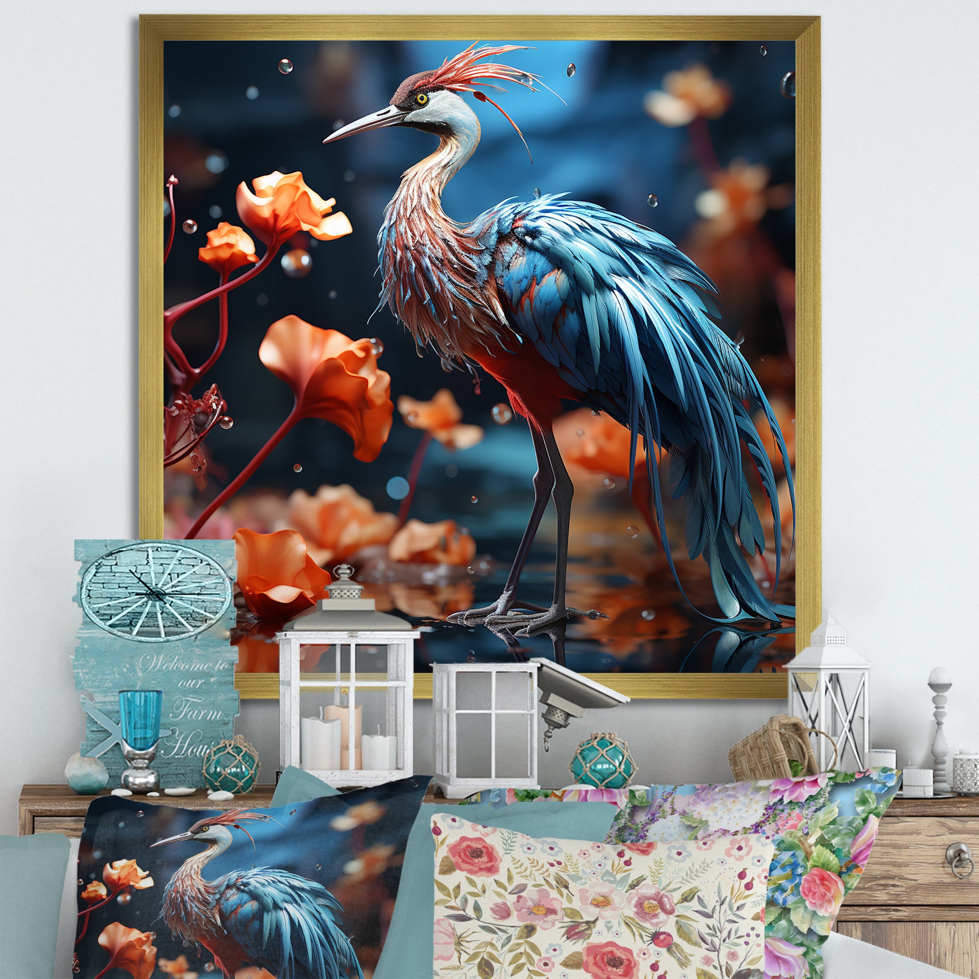 Watery Blues Heron - Bird Large Canvas Wall Art