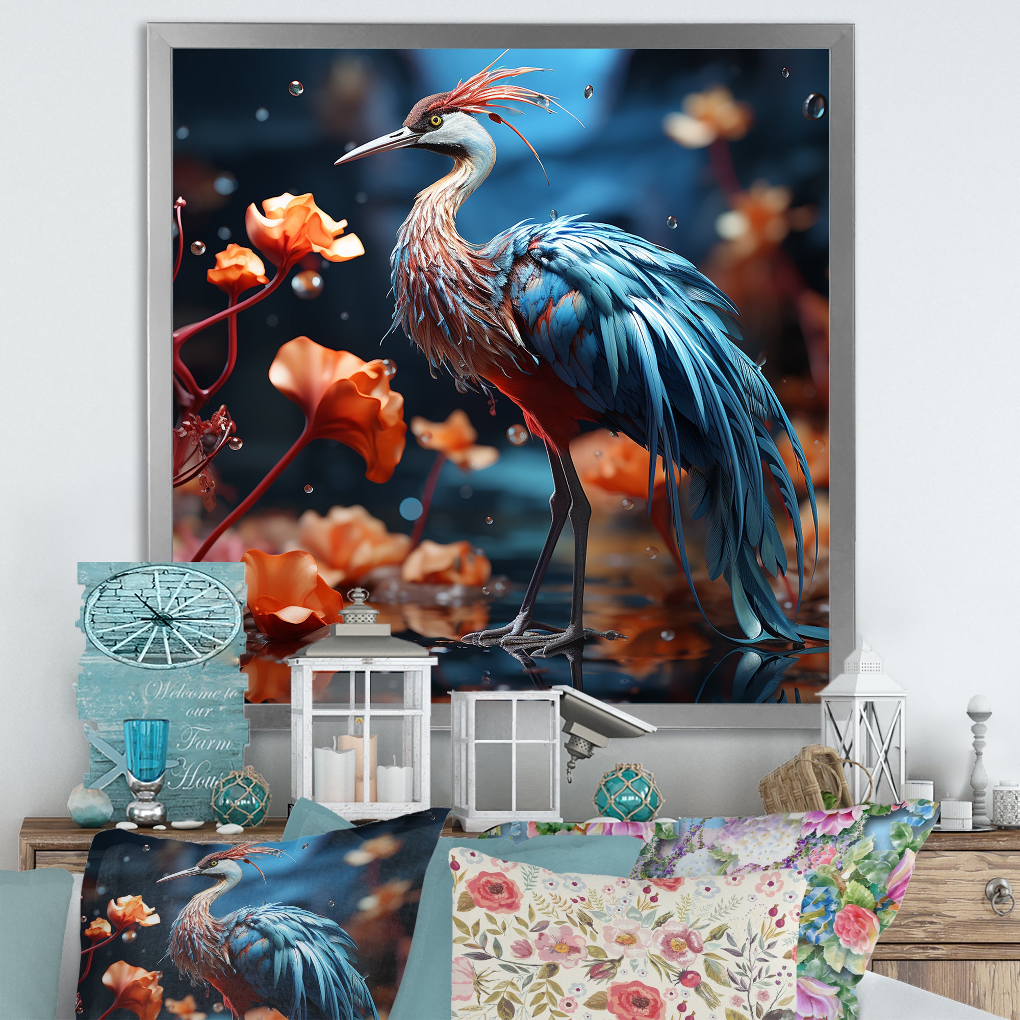 Watery Blues Heron - Bird Large Canvas Wall Art