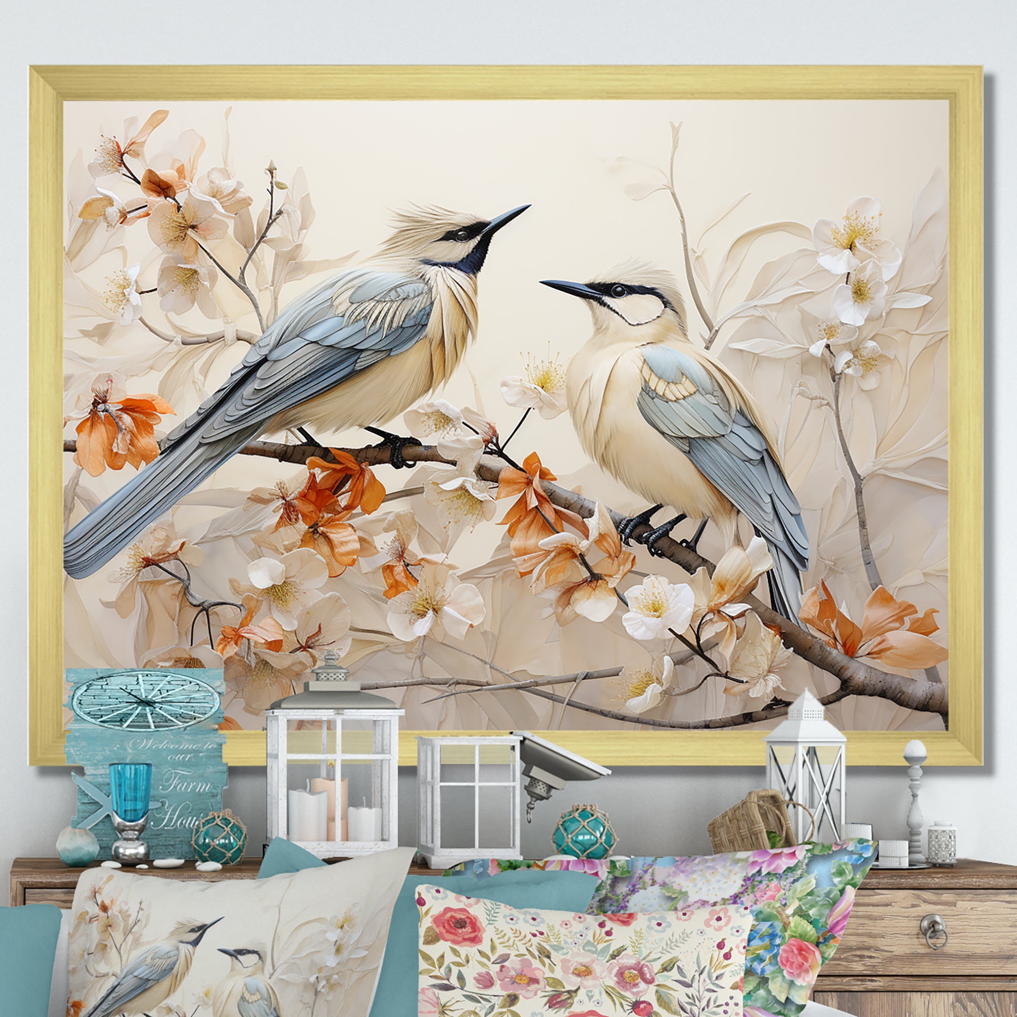 Minimalism Birds Paradise Floral Branch - Bird Floral Bedroom Wall Art
