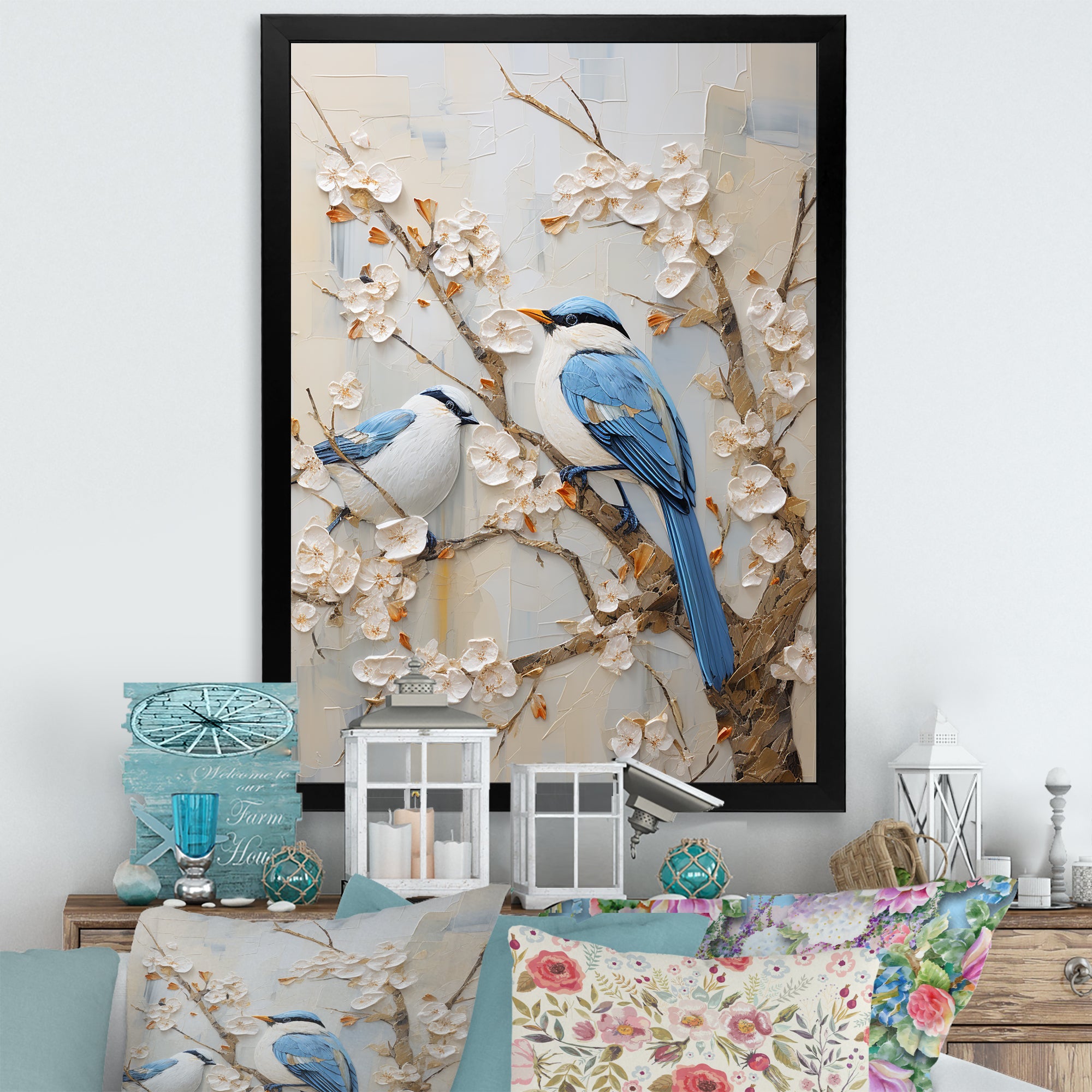 Minimalism Birds Paradise Cherry Blossoms - Bird Floral Canvas Wall Art