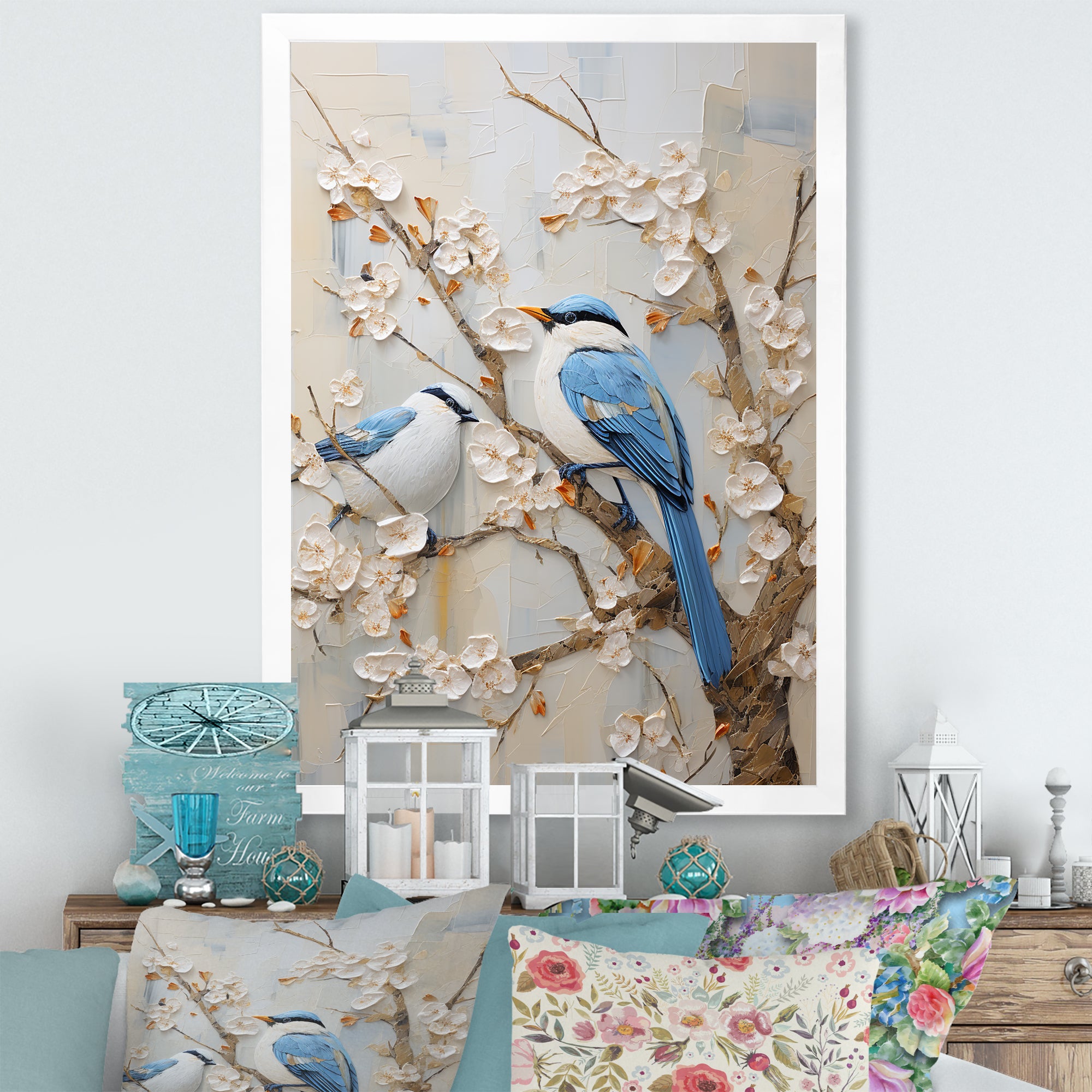 Minimalism Birds Paradise Cherry Blossoms - Bird Floral Canvas Wall Art