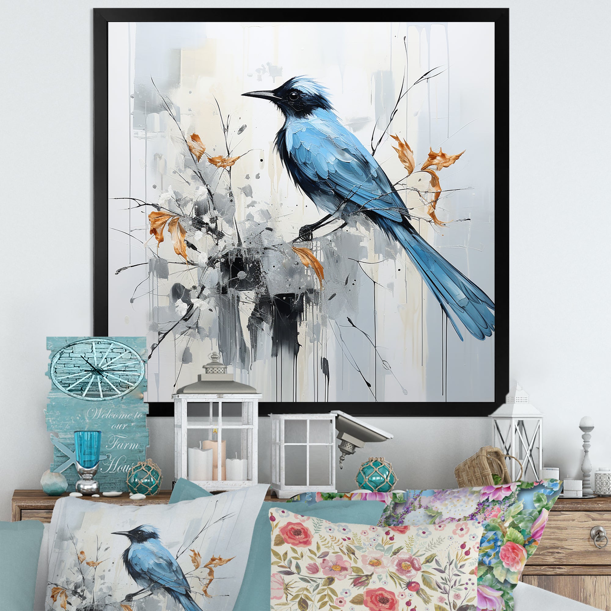 Blue Bird Minimalism Flowers - Bird Floral Wall Art Prints