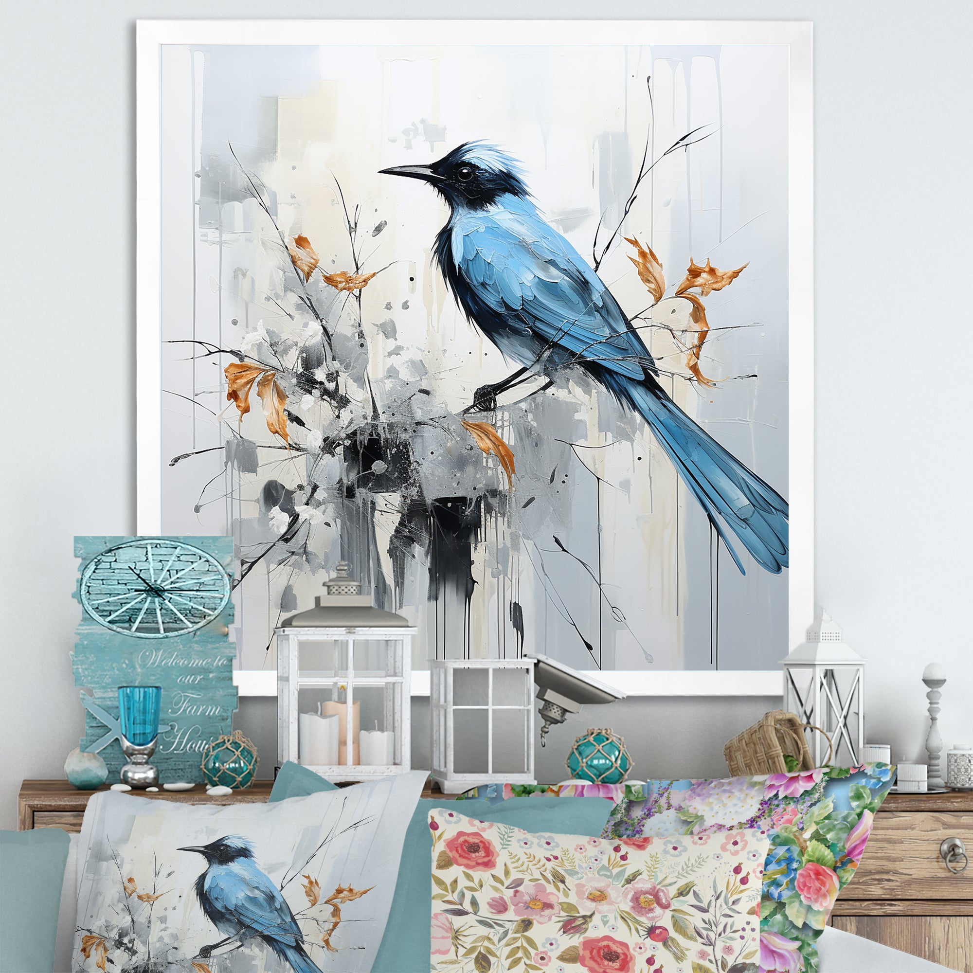 Blue Bird Minimalism Flowers - Bird Floral Wall Art Prints