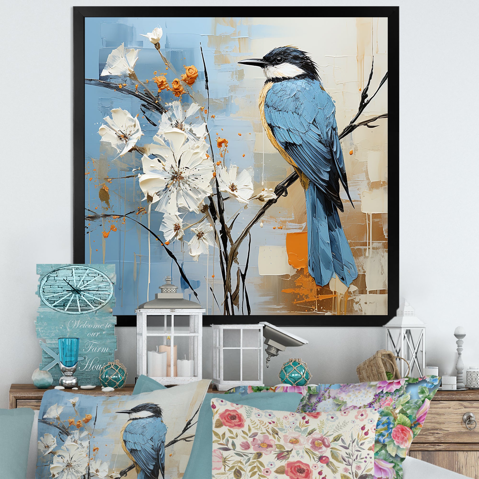 Blue Bird Minimalism White Flowers - Blue Bird Floral Wall Art