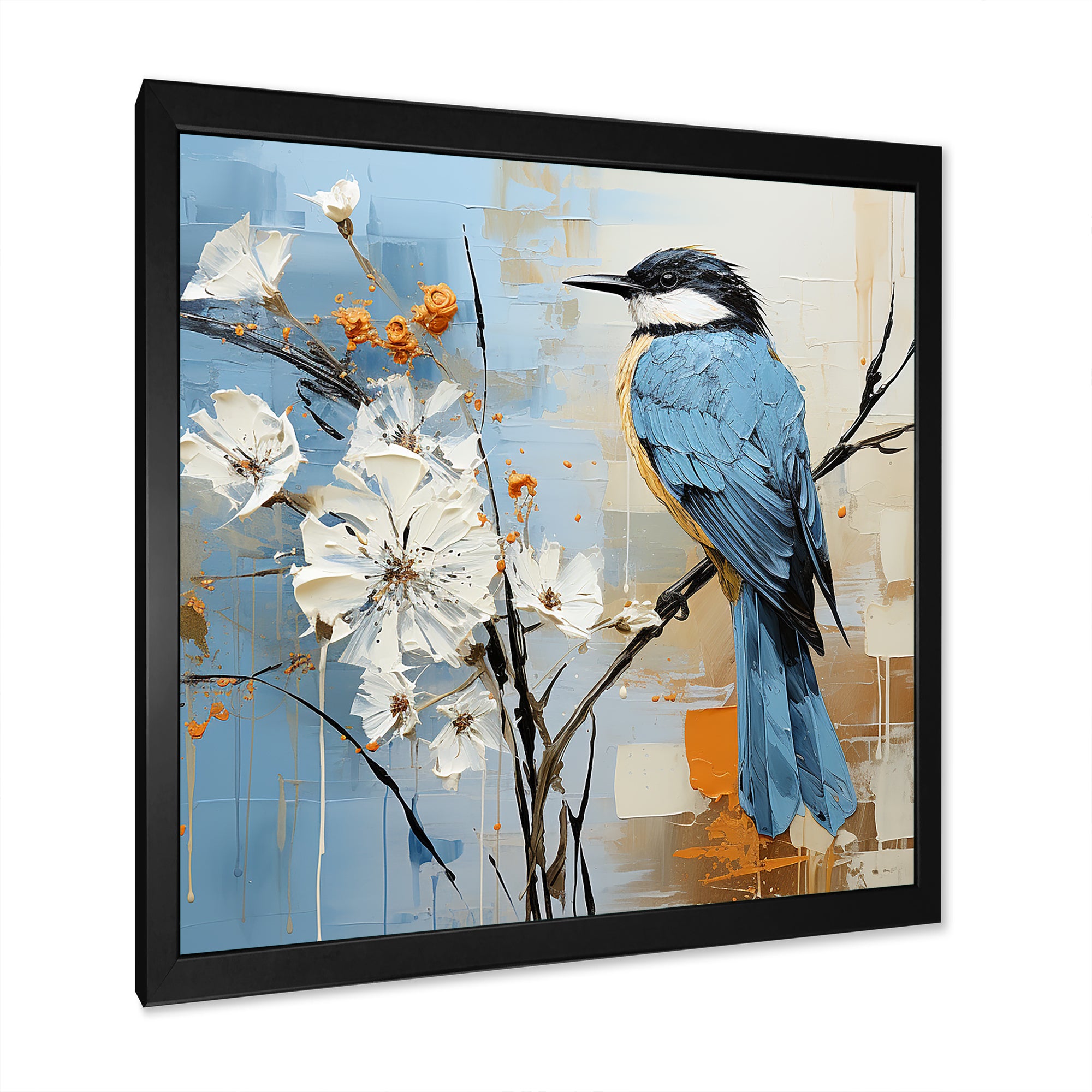 Blue Bird Minimalism White Flowers - Blue Bird Floral Wall Art