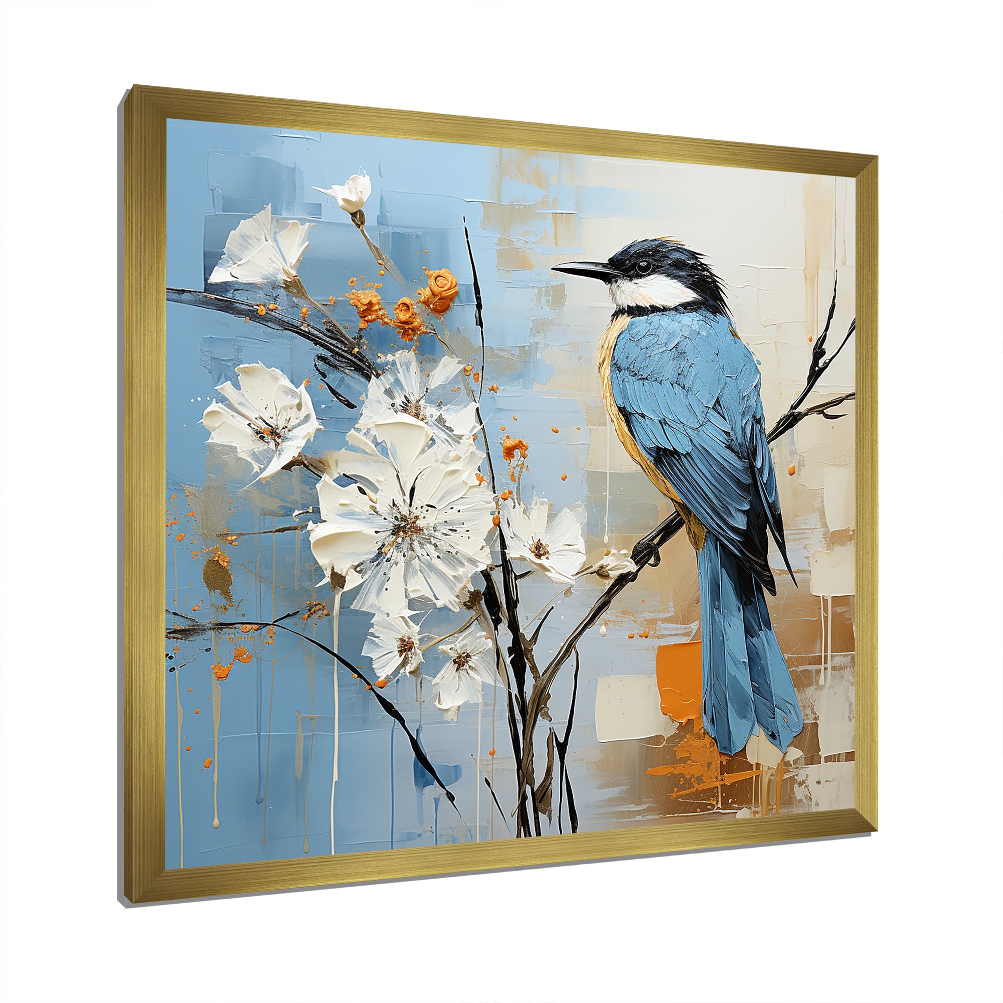 Blue Bird Minimalism White Flowers - Blue Bird Floral Wall Art