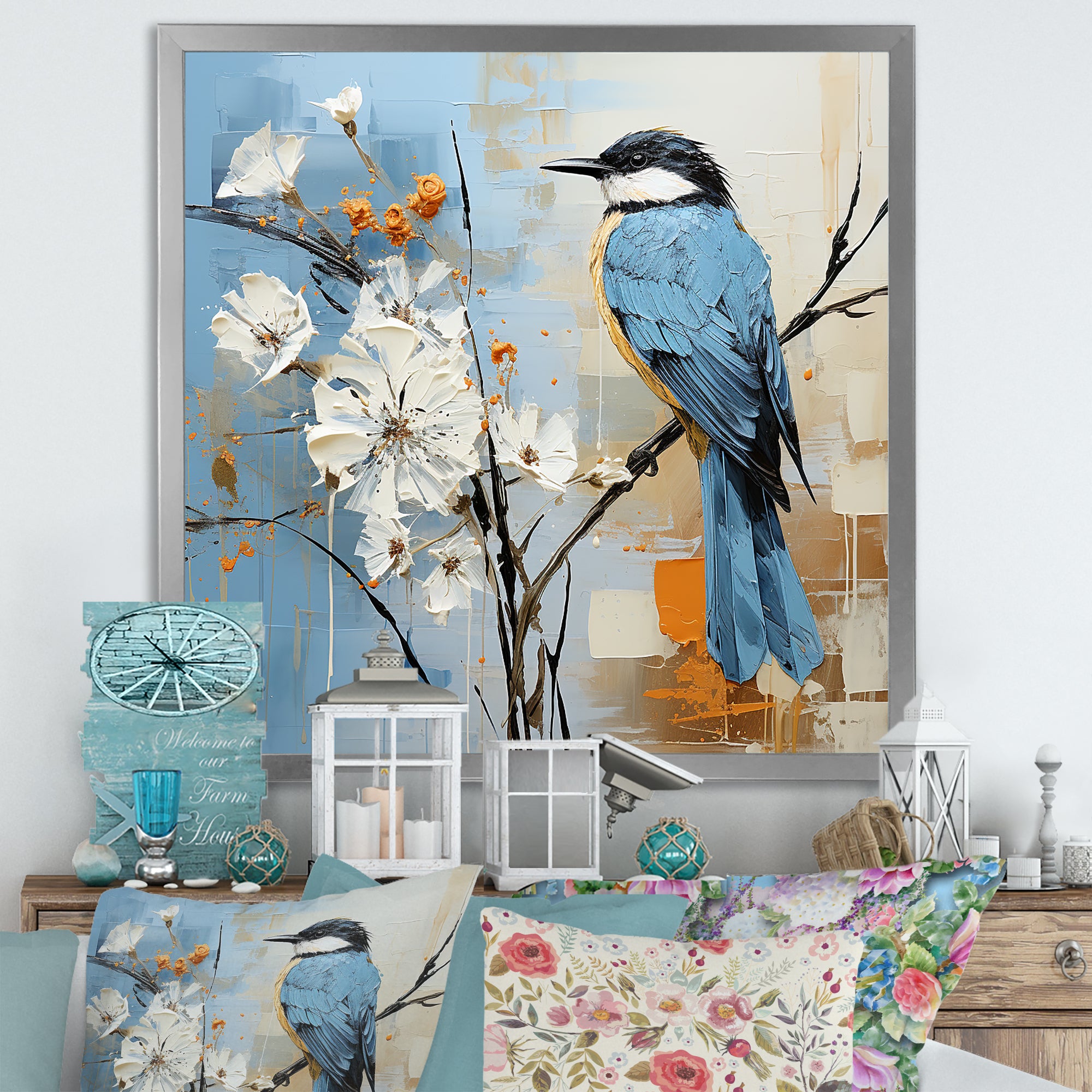 Blue Bird Minimalism White Flowers - Blue Bird Floral Wall Art