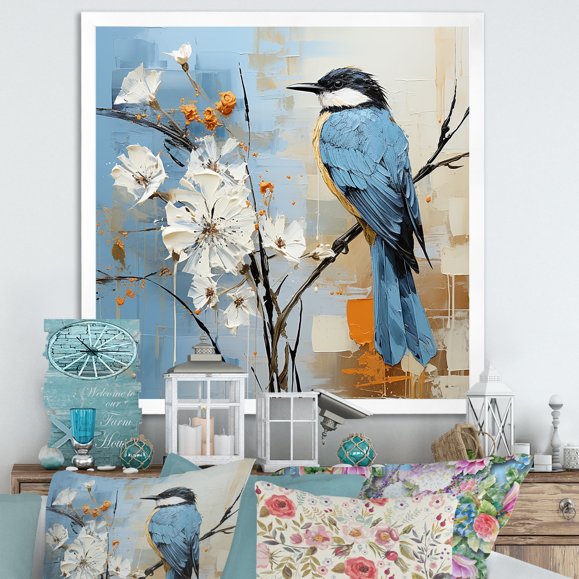 Blue Bird Minimalism White Flowers - Blue Bird Floral Wall Art
