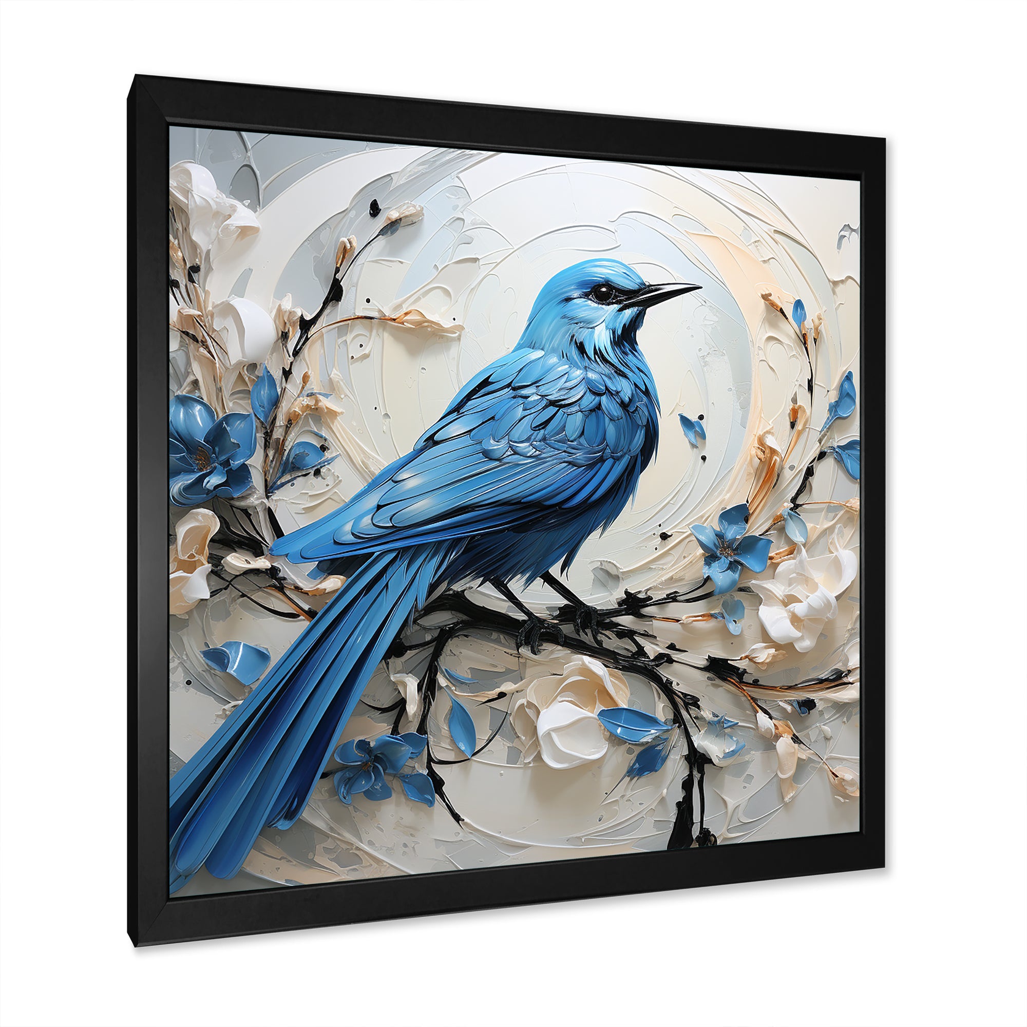 Blue Bird Minimalism White And Blue Flowers - Bird Floral Framed Canvas Art