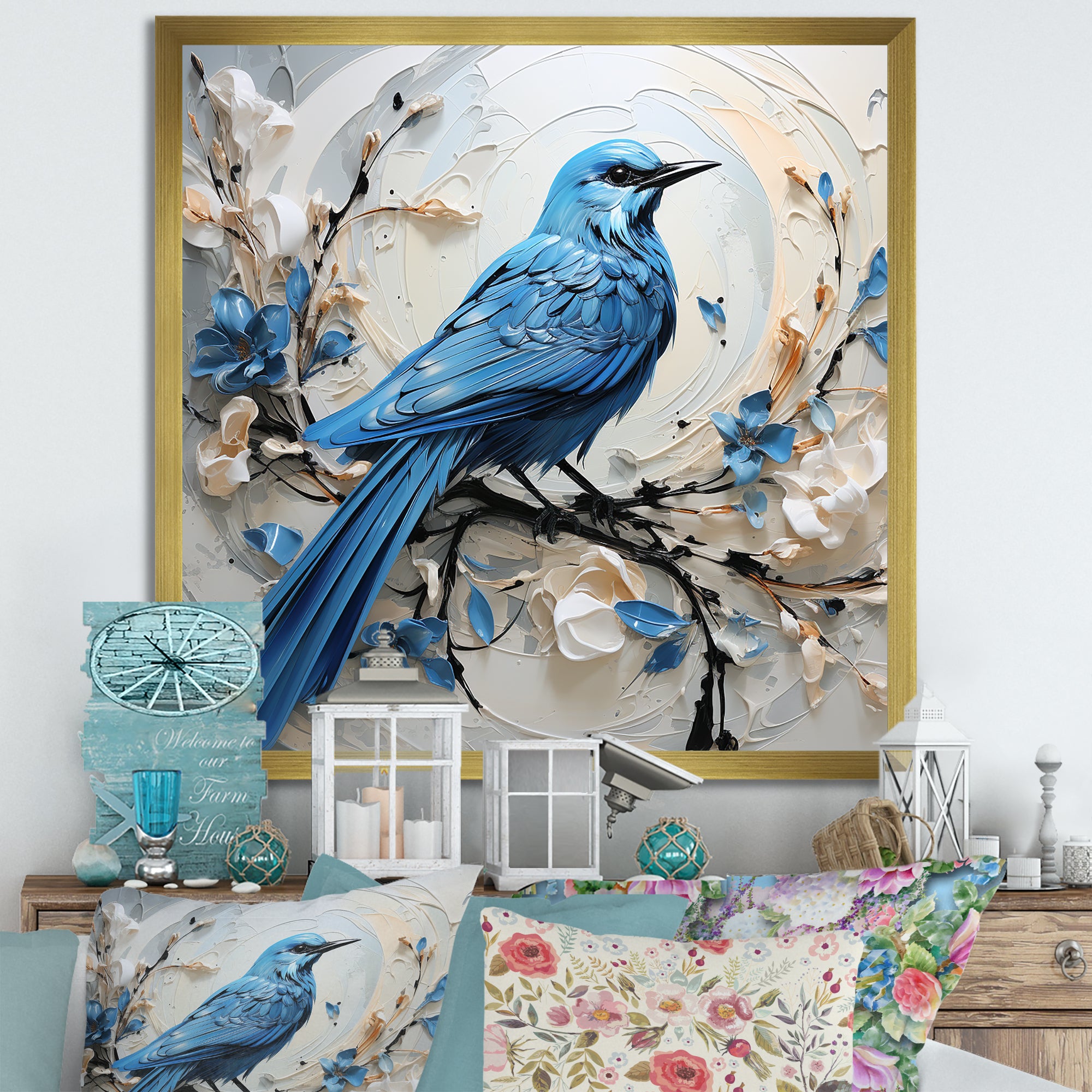 Blue Bird Minimalism White And Blue Flowers - Bird Floral Framed Canvas Art