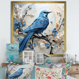Blue Bird Minimalism White And Blue Flowers - Bird Floral Framed Canvas Art