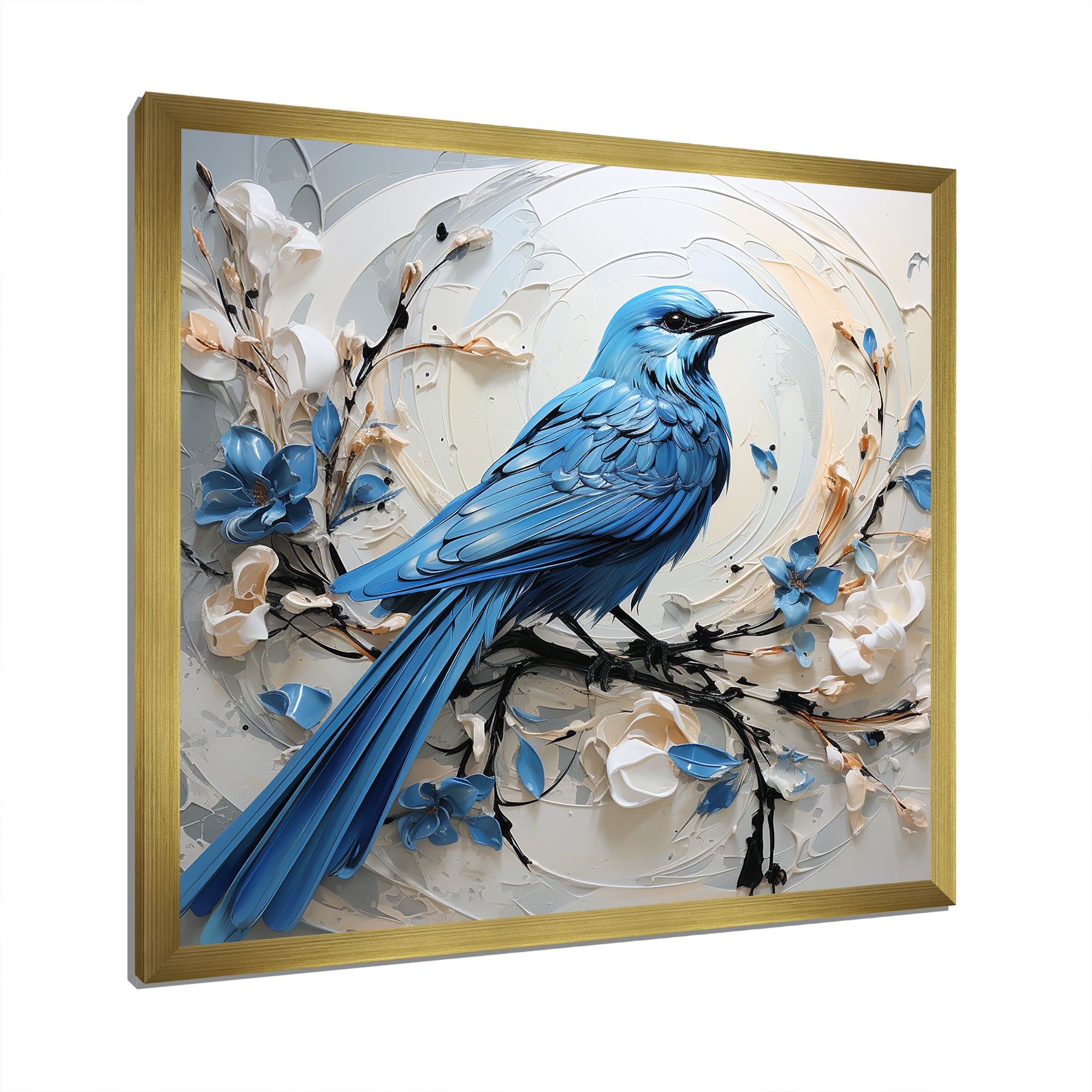 Blue Bird Minimalism White And Blue Flowers - Bird Floral Framed Canvas Art