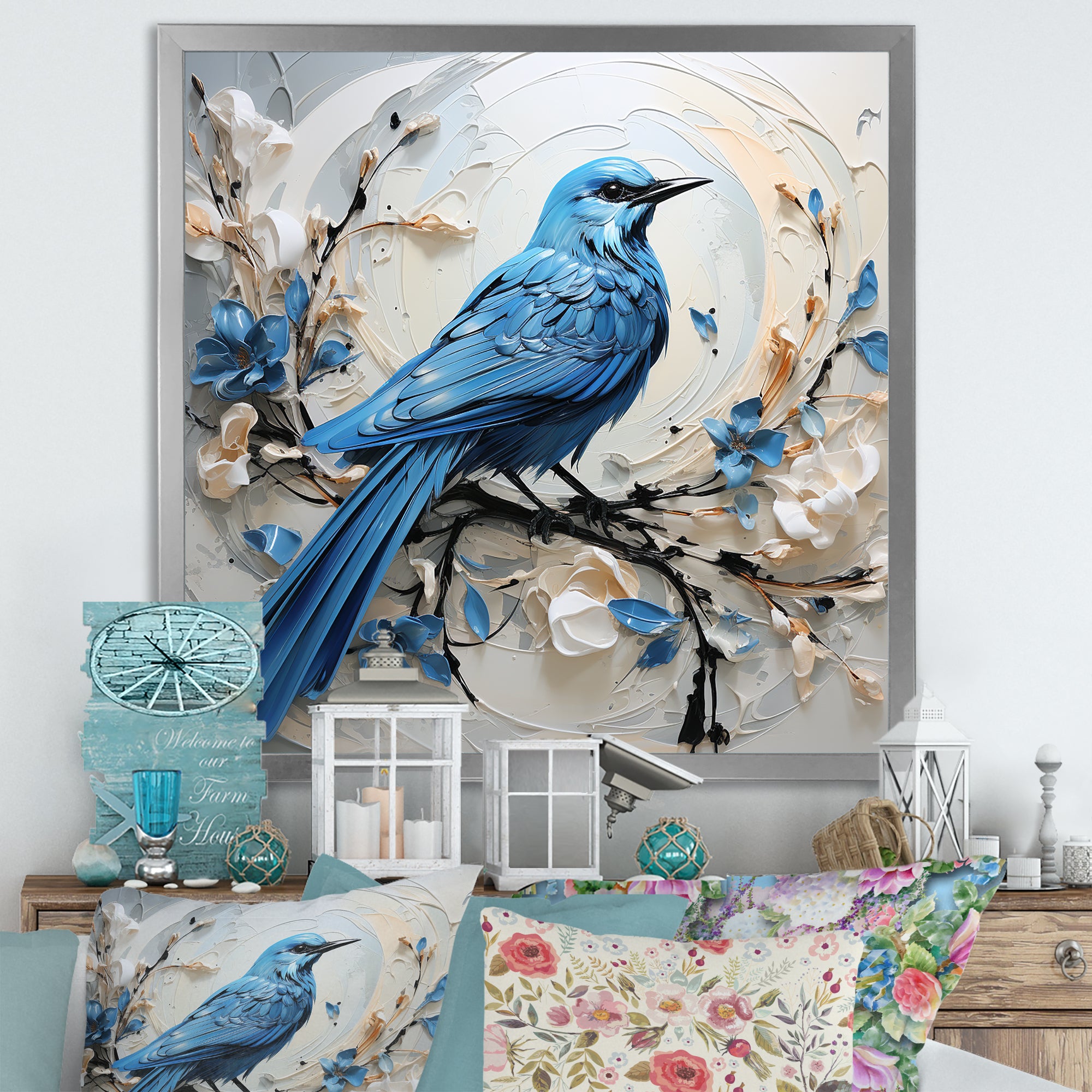 Blue Bird Minimalism White And Blue Flowers - Bird Floral Framed Canvas Art