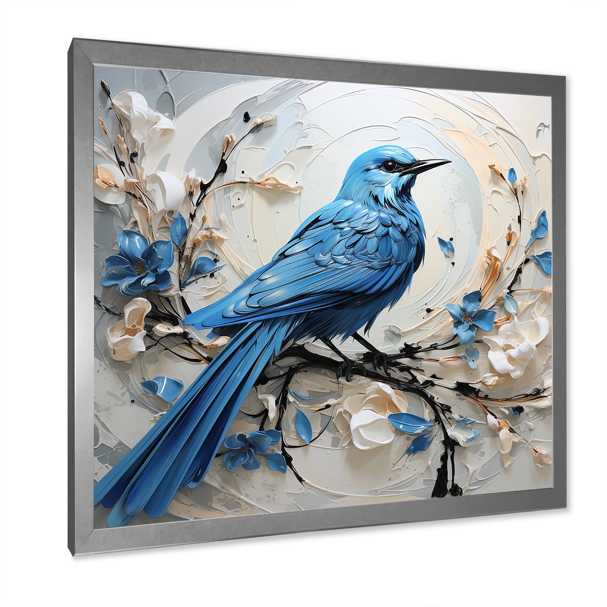 Blue Bird Minimalism White And Blue Flowers - Bird Floral Framed Canvas Art