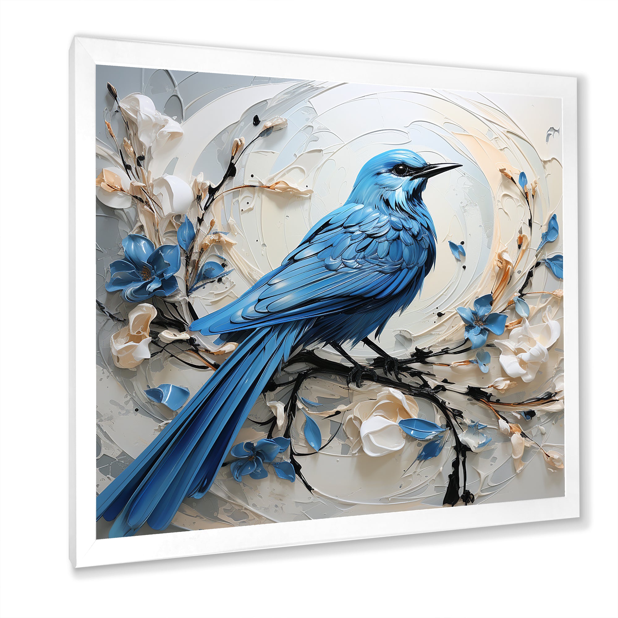 Blue Bird Minimalism White And Blue Flowers - Bird Floral Framed Canvas Art