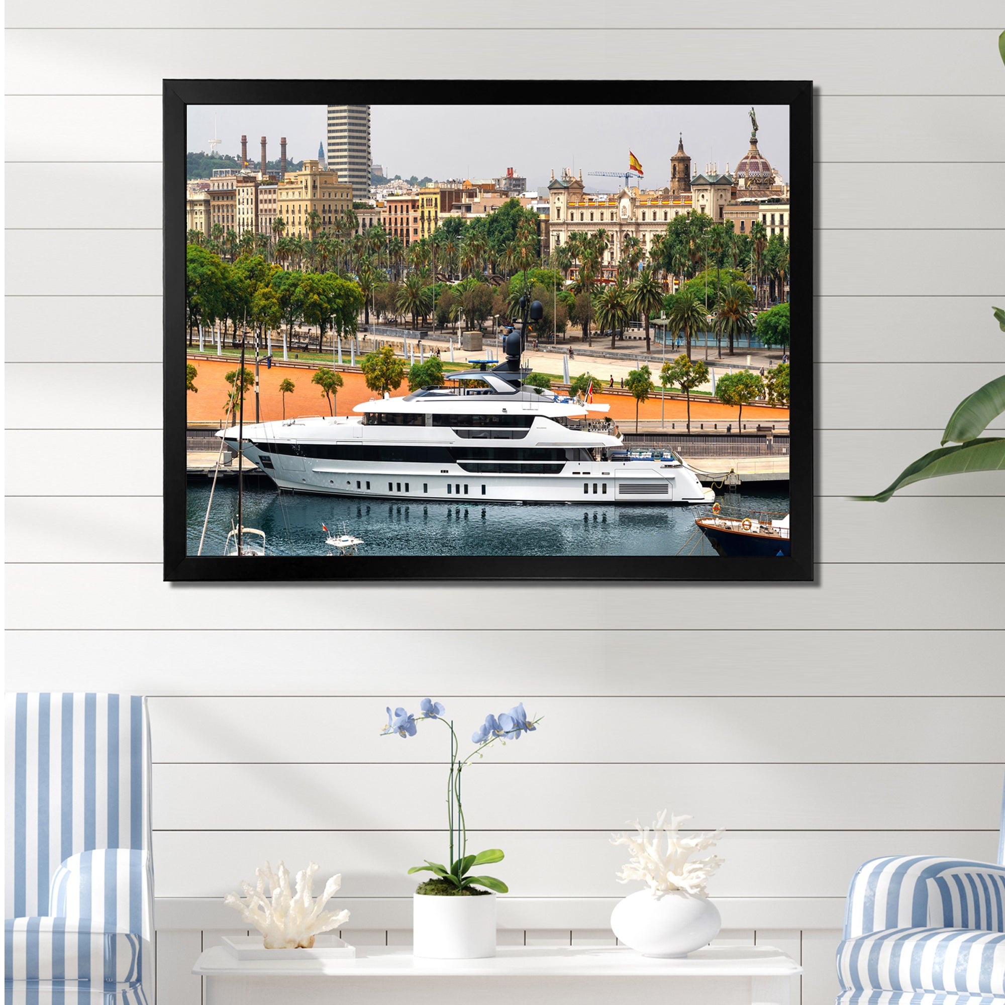 Docked Yacht In Mediterranean Sea Port - Boat Canvas Wall Art