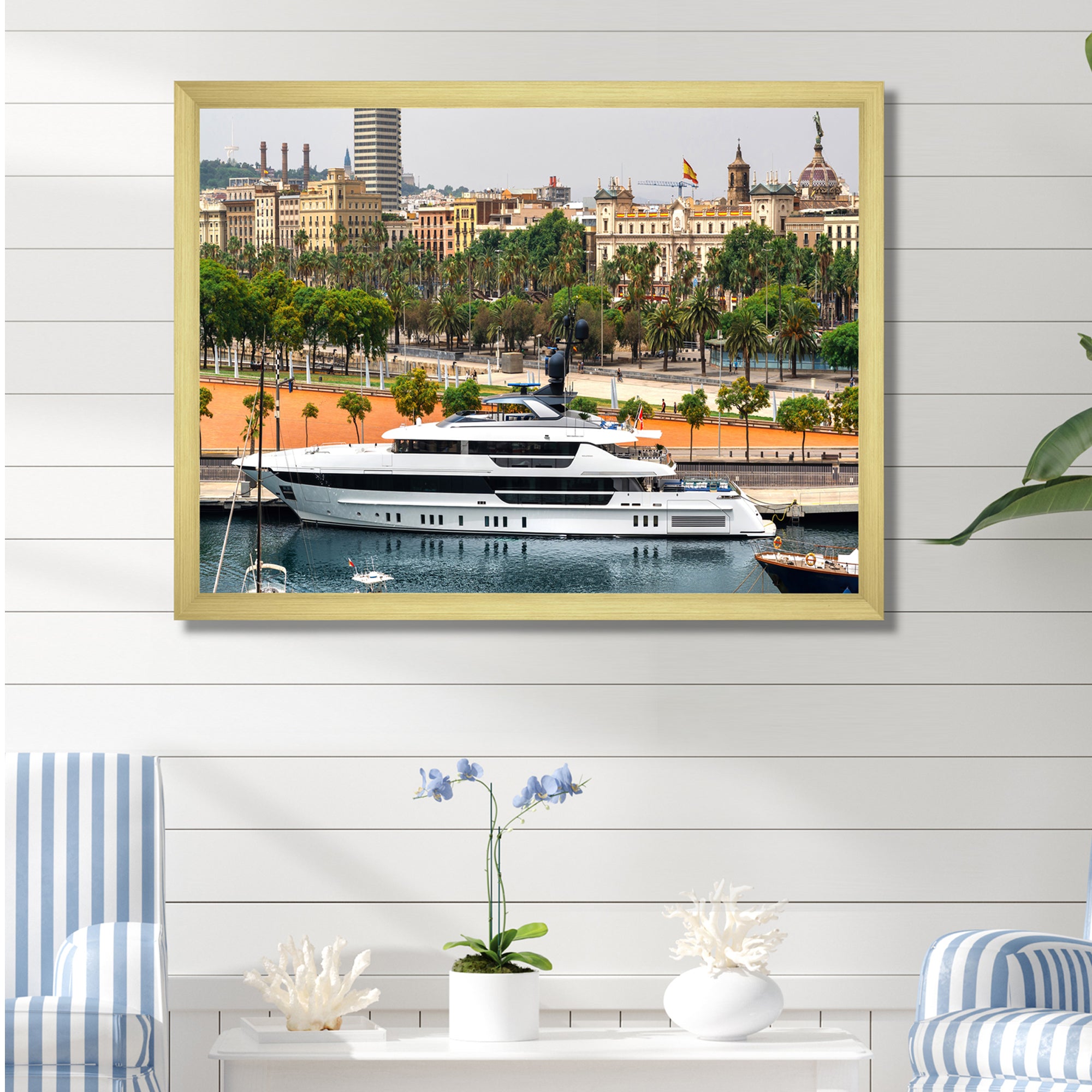Docked Yacht In Mediterranean Sea Port - Boat Canvas Wall Art