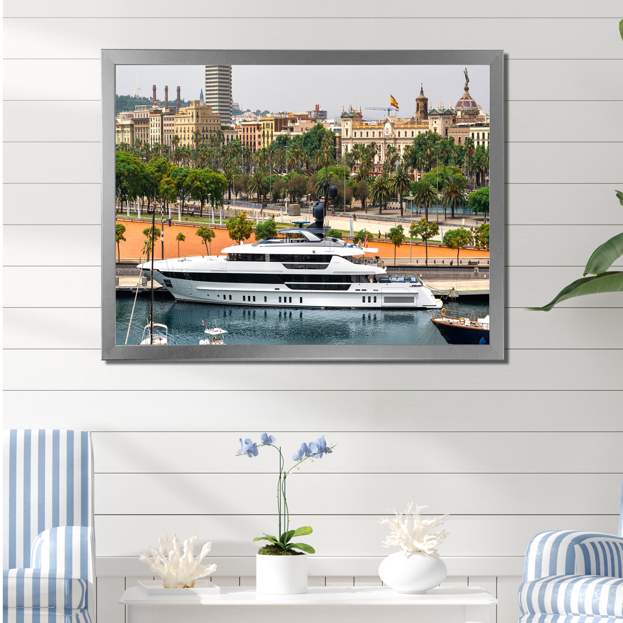 Docked Yacht In Mediterranean Sea Port - Boat Canvas Wall Art
