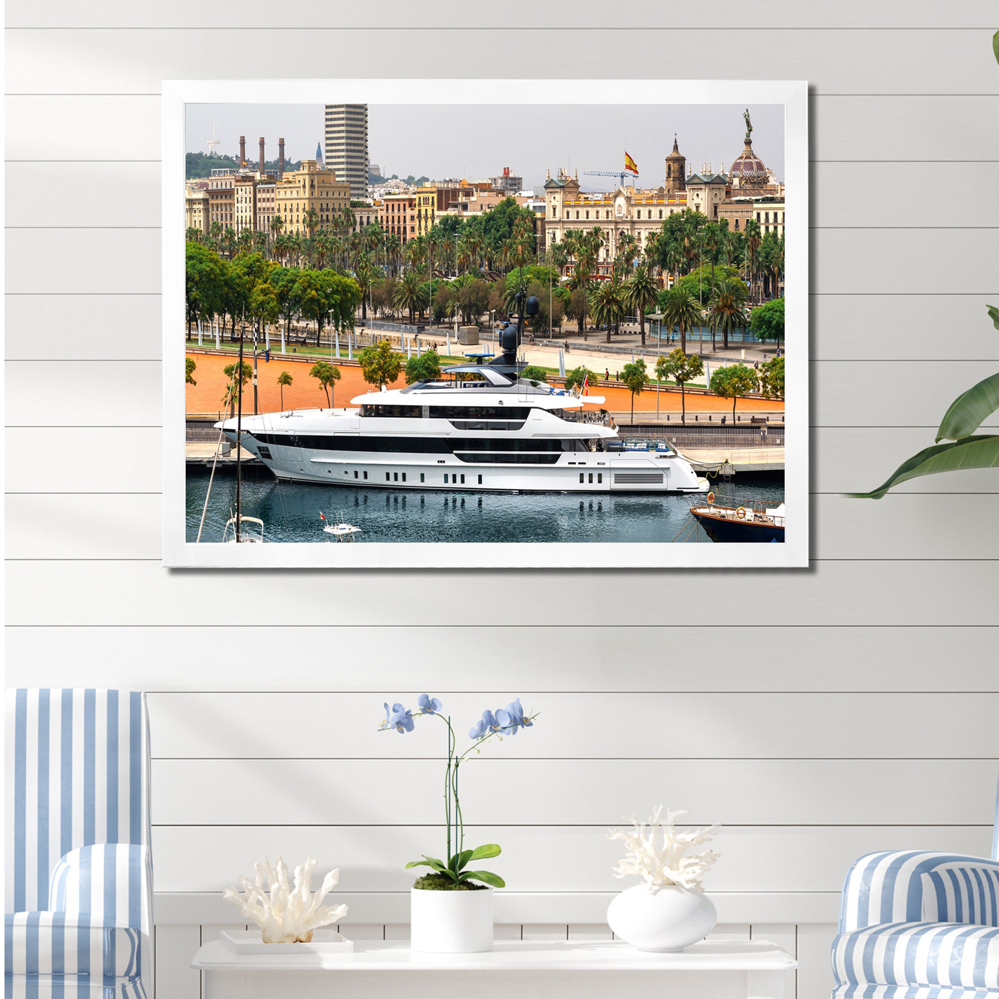 Docked Yacht In Mediterranean Sea Port - Boat Canvas Wall Art