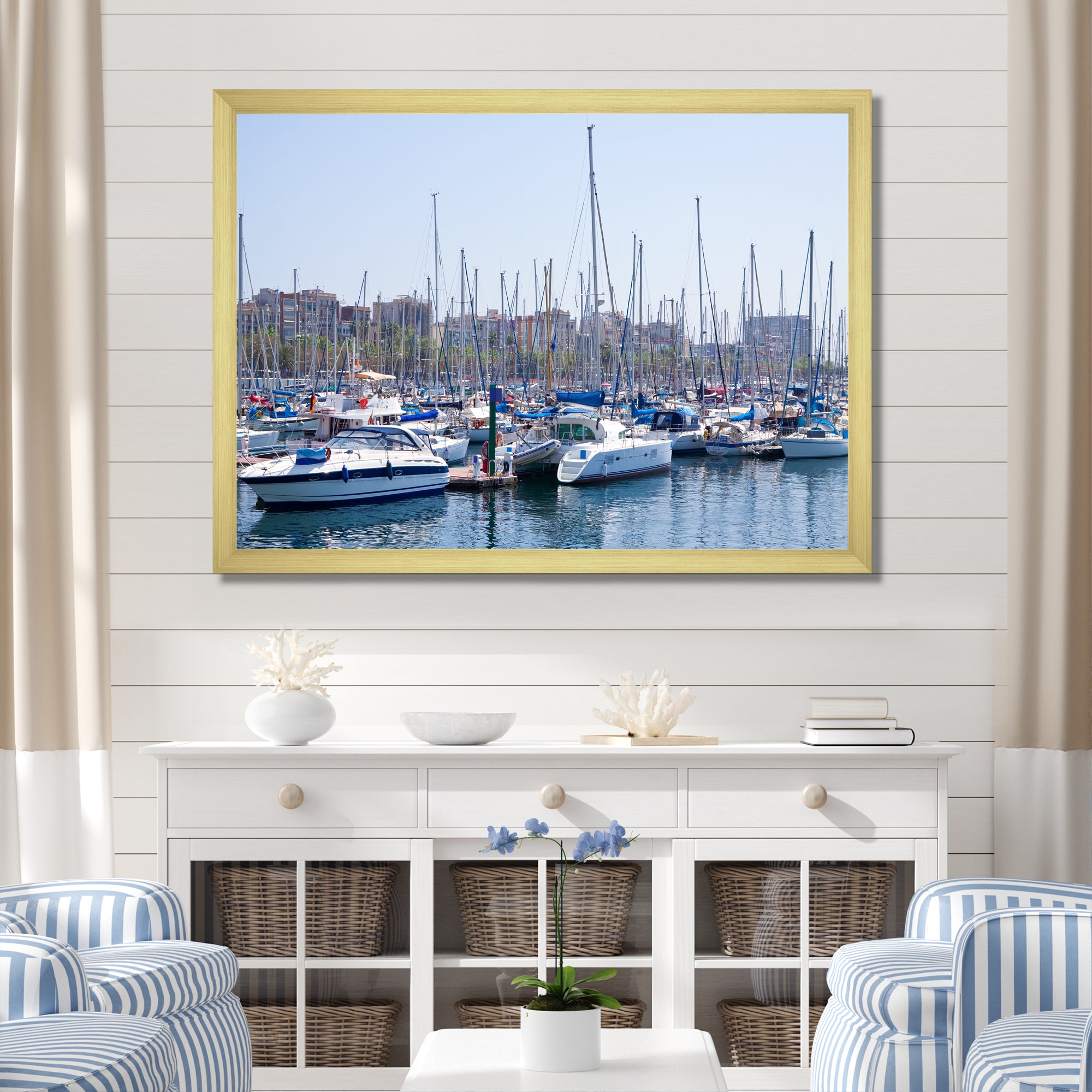 Yachts Docked At Port Vell - Boat Canvas Wall Art