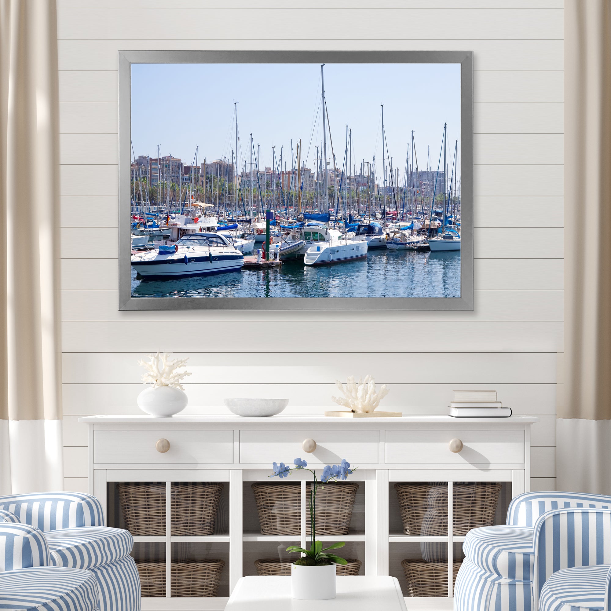 Yachts Docked At Port Vell - Boat Canvas Wall Art