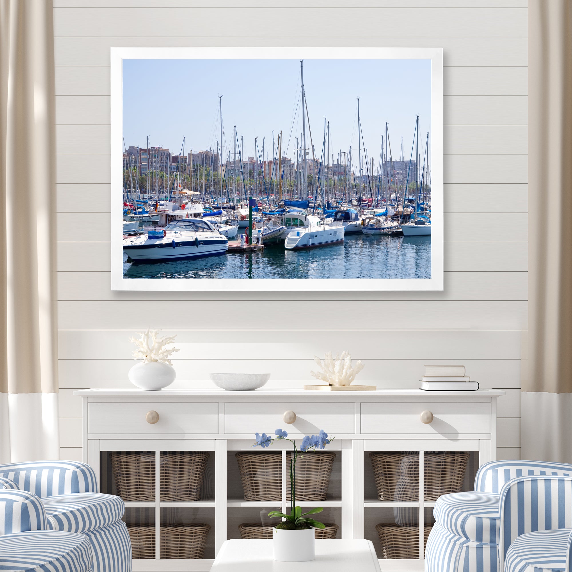 Yachts Docked At Port Vell - Boat Canvas Wall Art