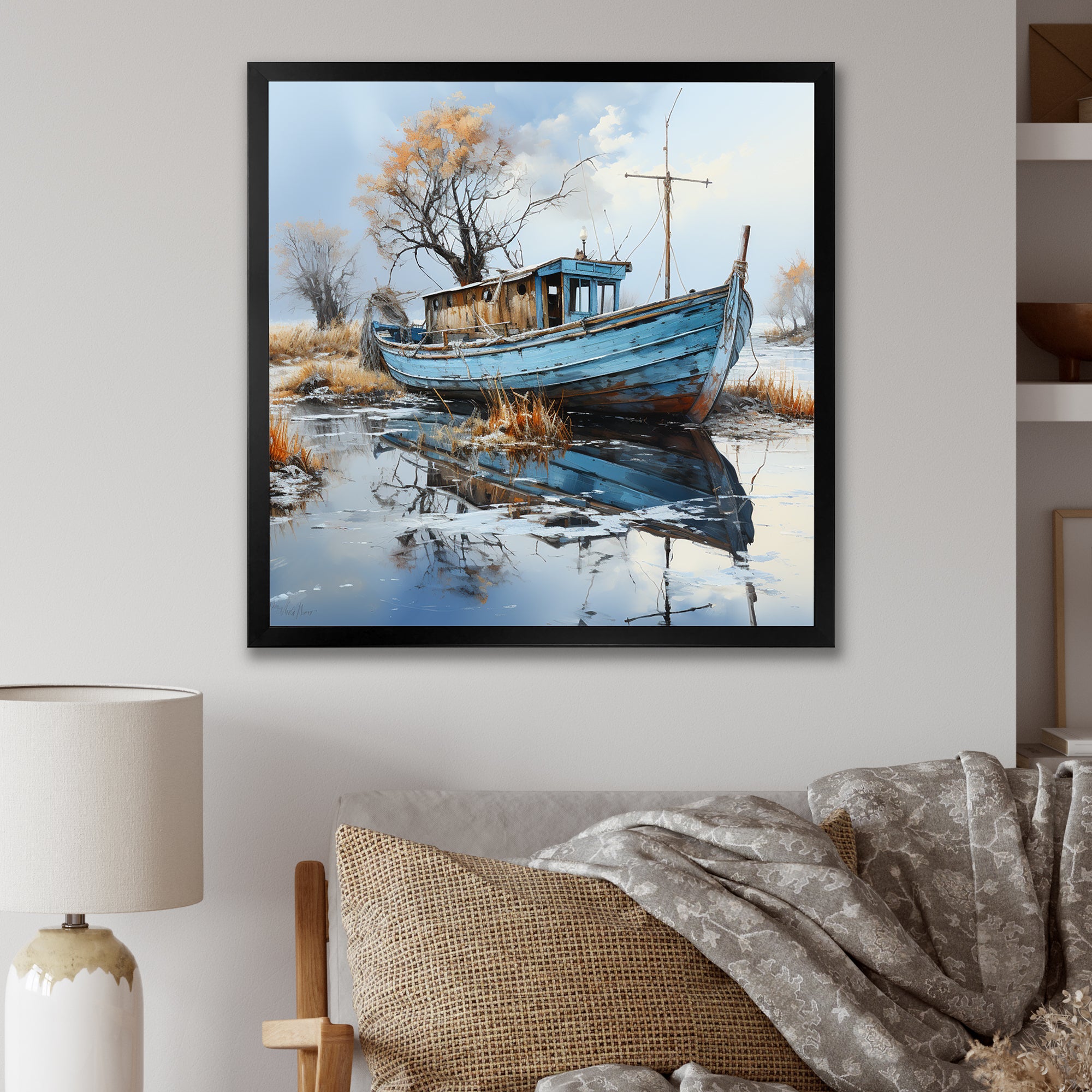 Boat Fishing Charm In Winter - Boat Fishing Canvas Wall Art