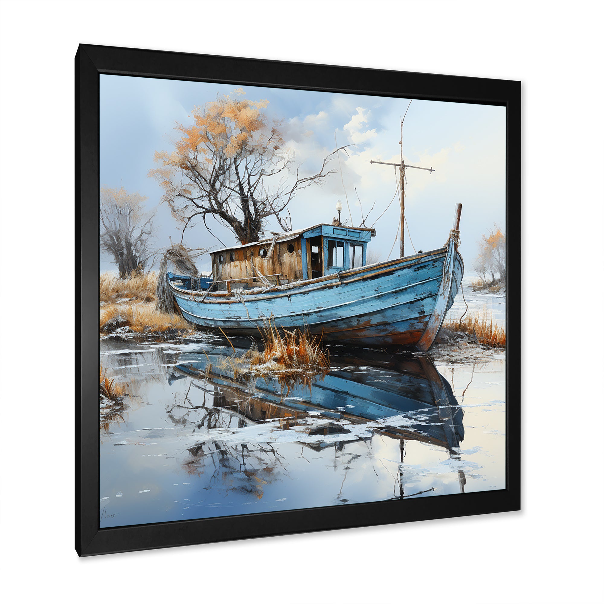 Boat Fishing Charm In Winter - Boat Fishing Canvas Wall Art