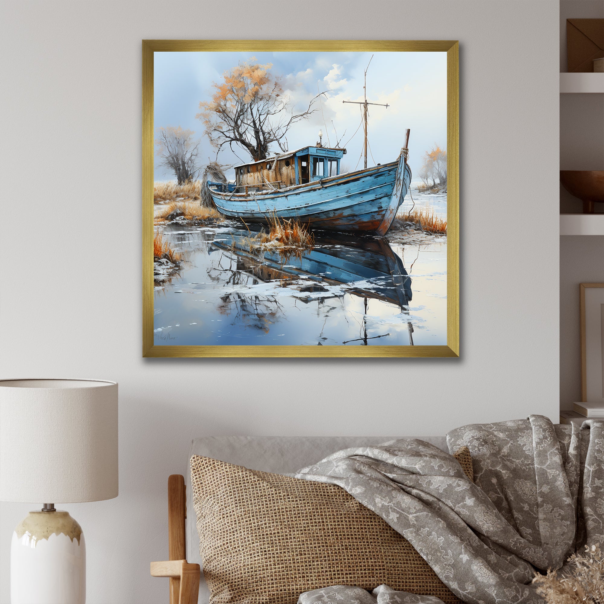 Boat Fishing Charm In Winter - Boat Fishing Canvas Wall Art