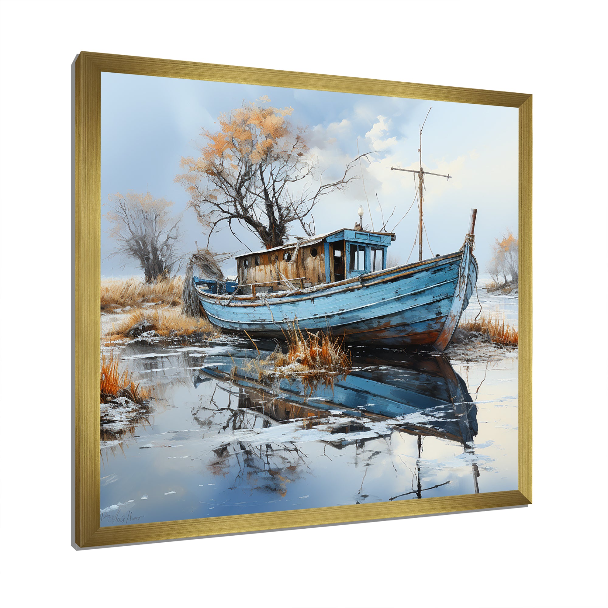 Boat Fishing Charm In Winter - Boat Fishing Canvas Wall Art