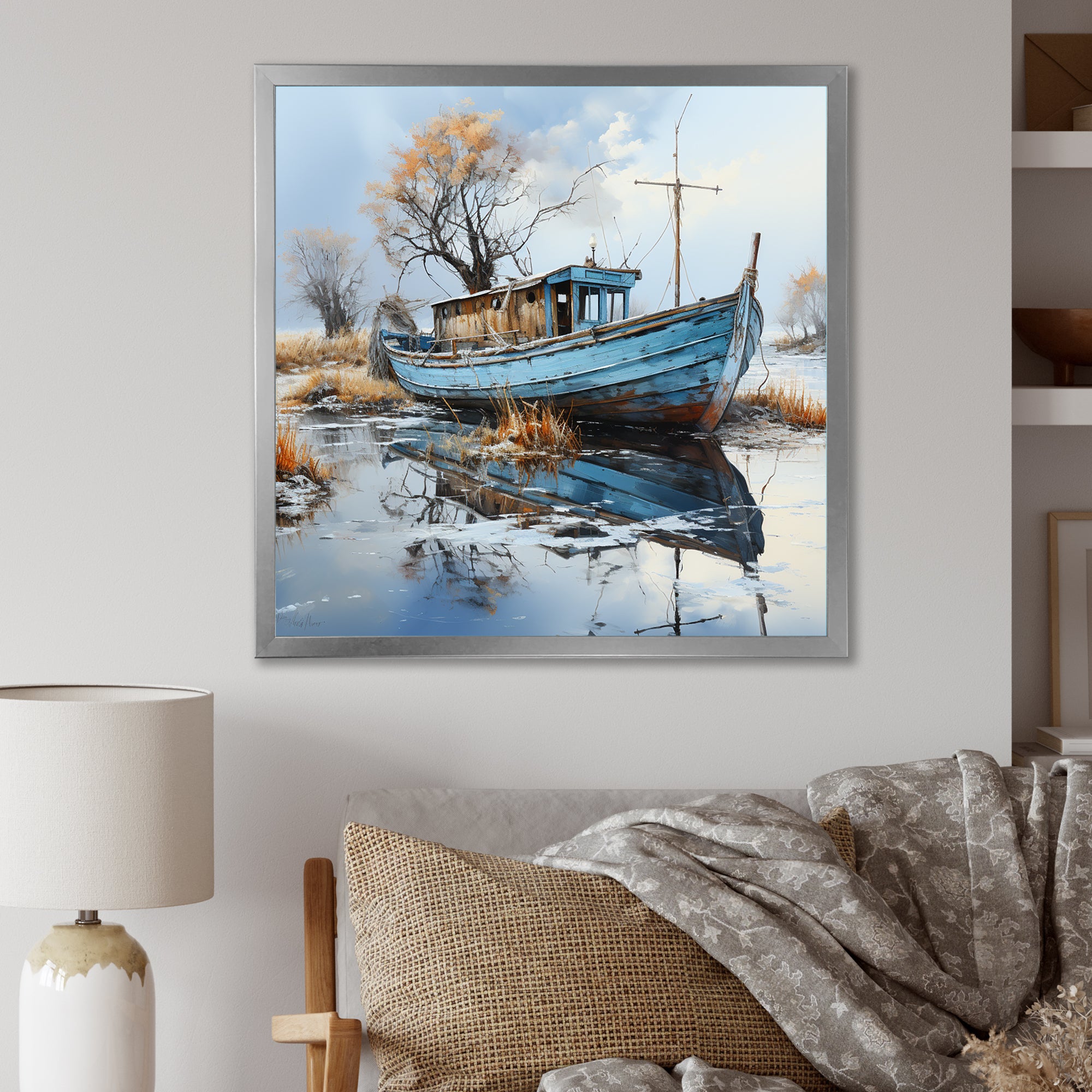 Boat Fishing Charm In Winter - Boat Fishing Canvas Wall Art
