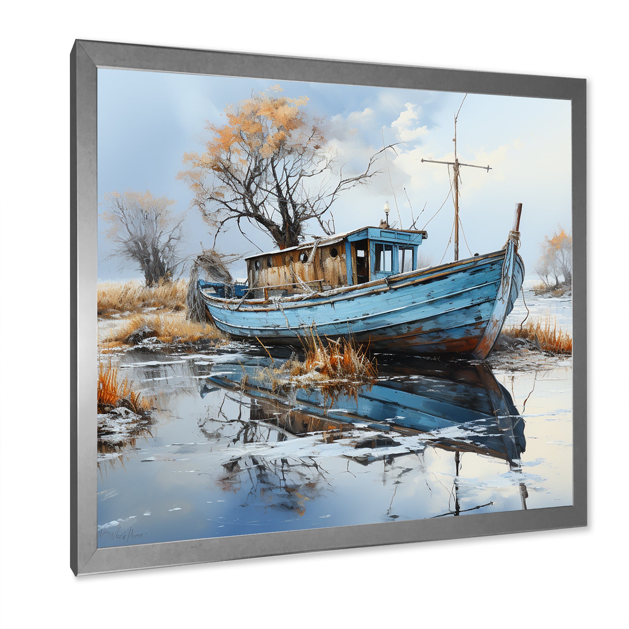 Boat Fishing Charm In Winter - Boat Fishing Canvas Wall Art