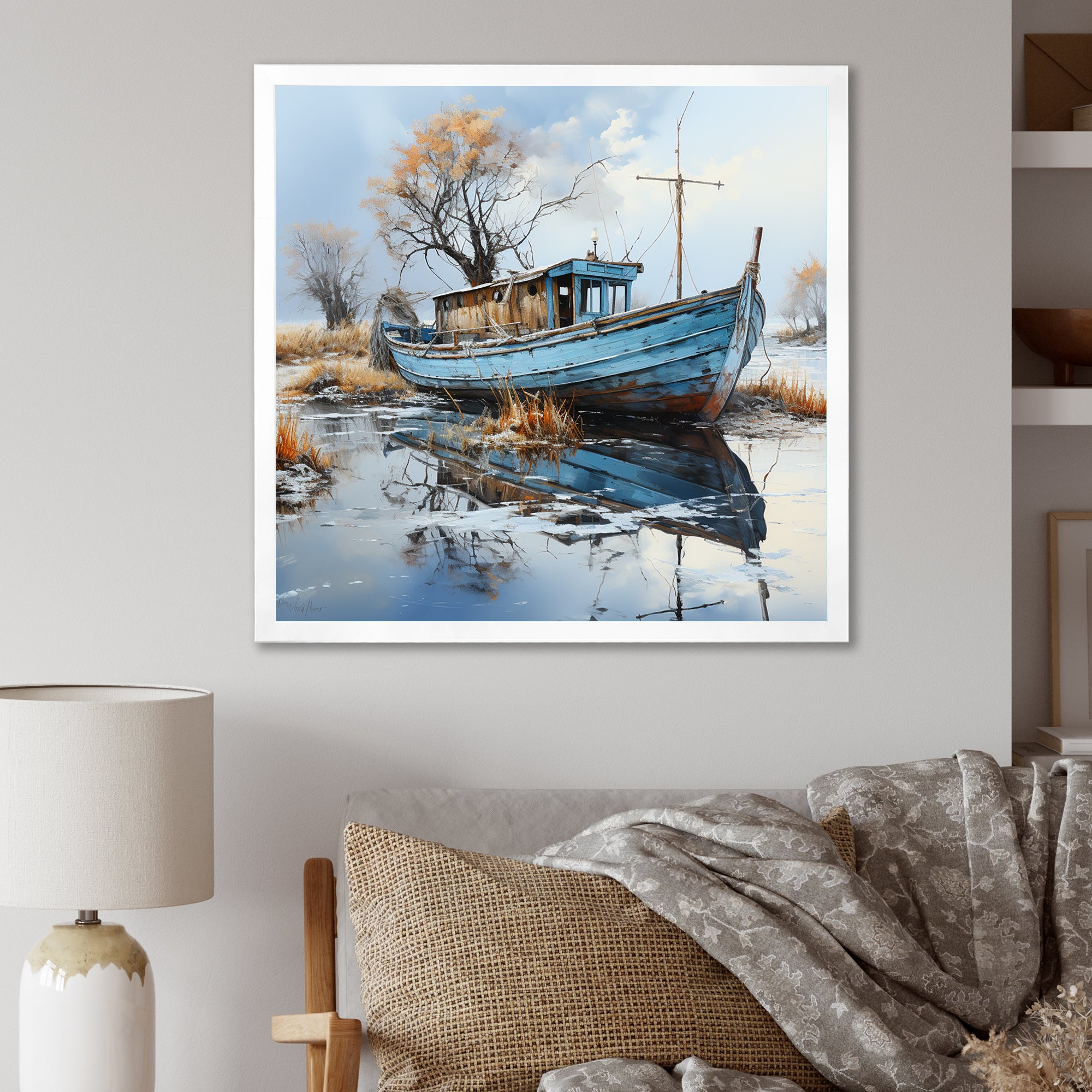 Boat Fishing Charm In Winter - Boat Fishing Canvas Wall Art