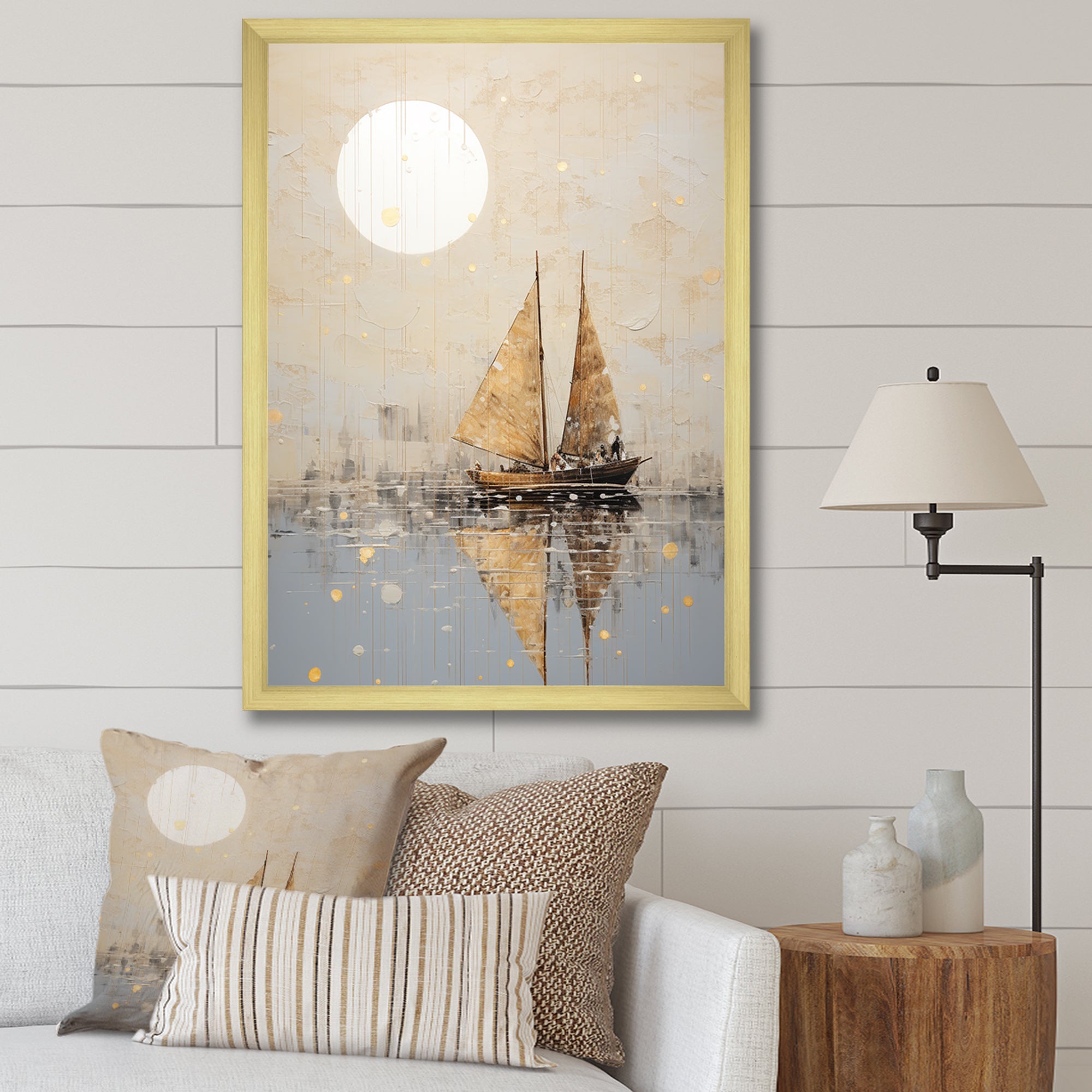 Minimalism Gold And Grey Boat Fishing - Boat Fishing Canvas Wall Art