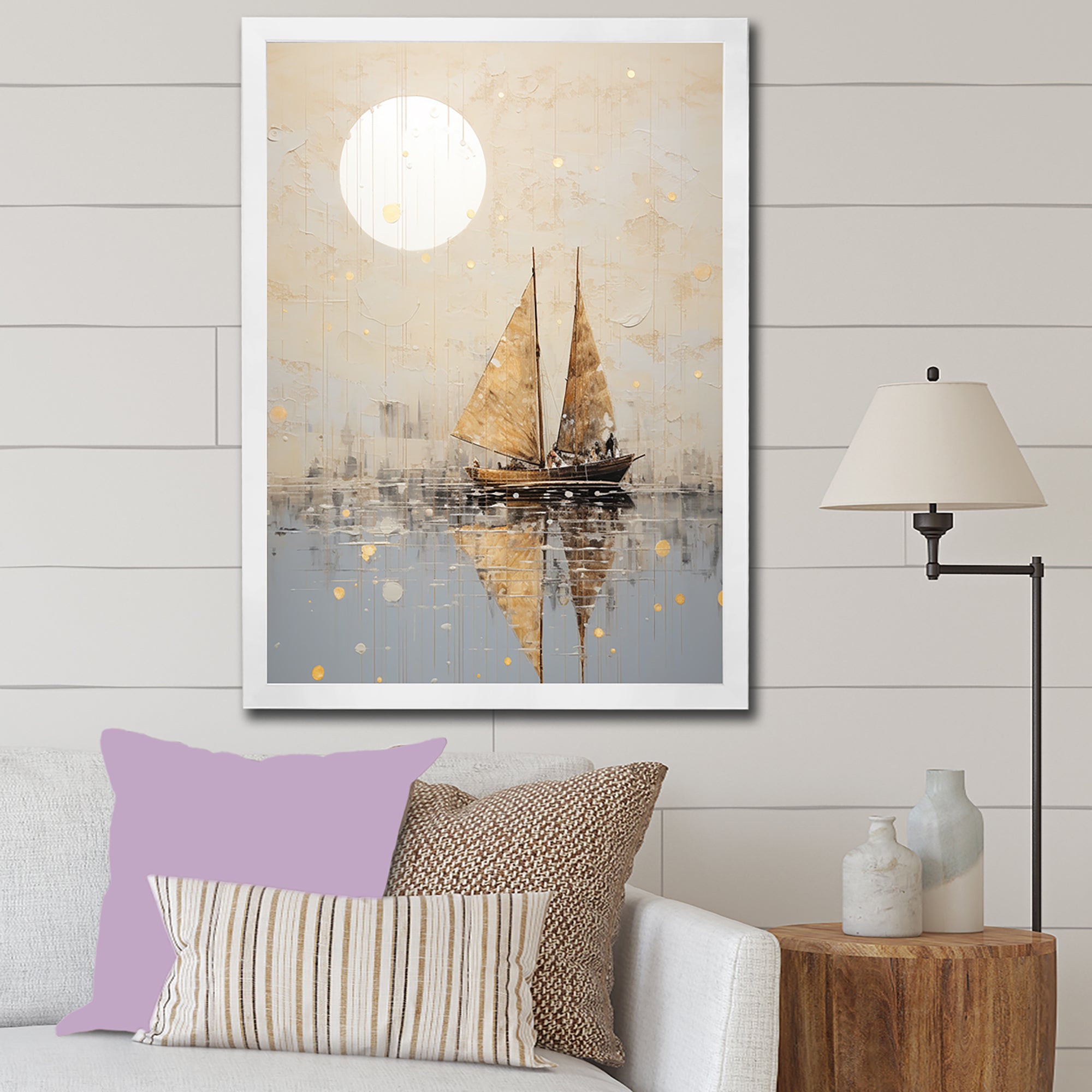 Minimalism Gold And Grey Boat Fishing - Boat Fishing Canvas Wall Art