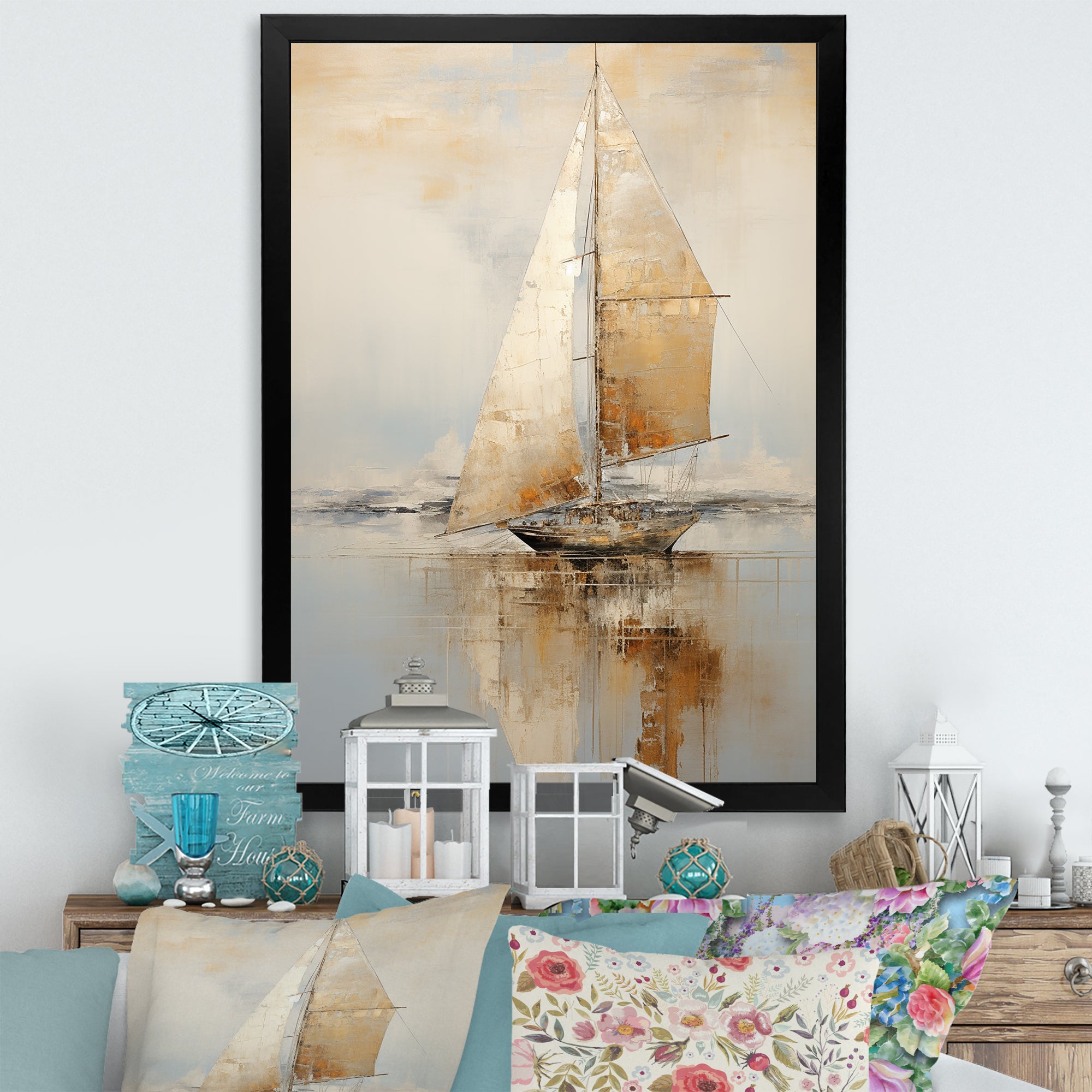 Gold Sailing Charm In The Morning Mist - Boat Sailing Canvas Wall Art