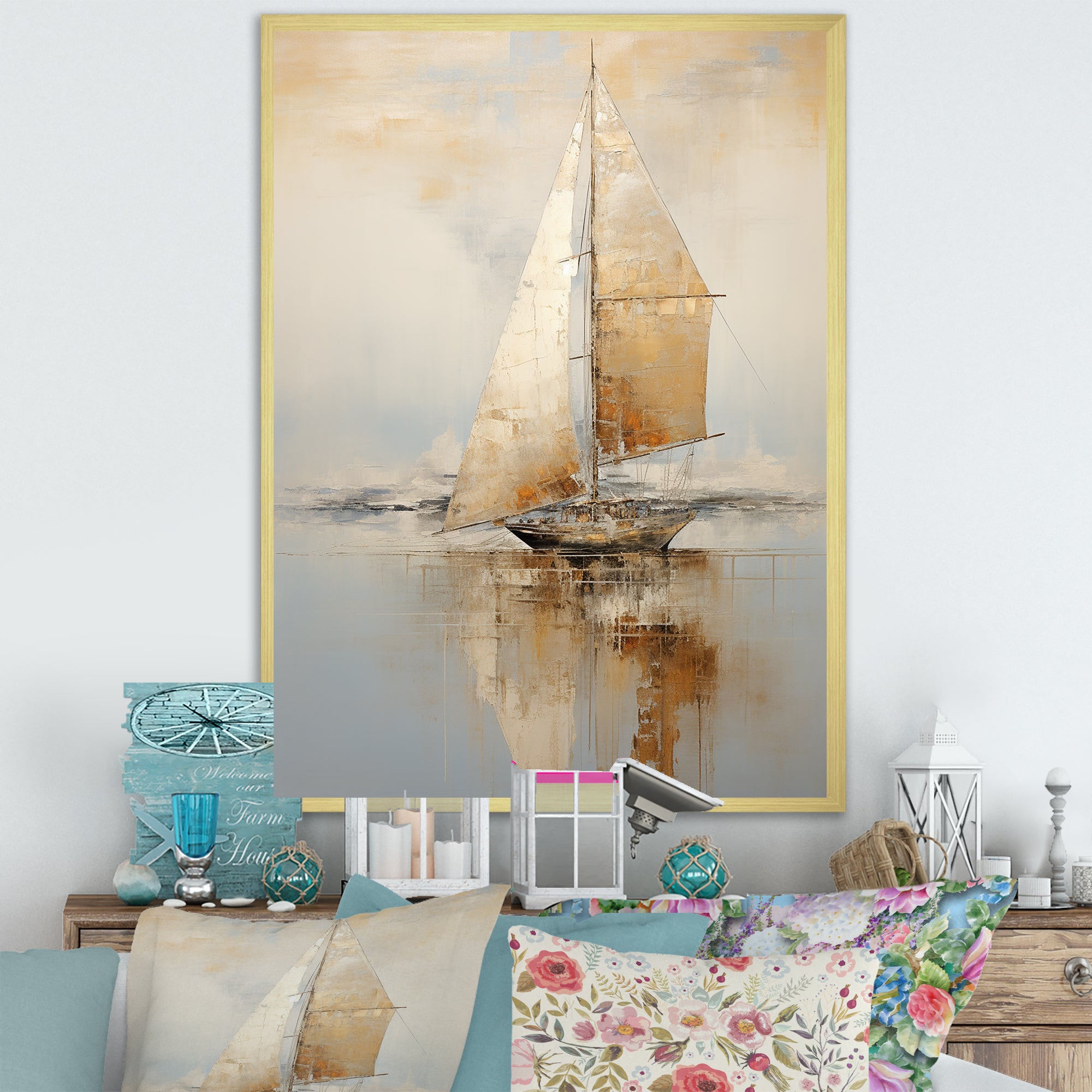 Gold Sailing Charm In The Morning Mist - Boat Sailing Canvas Wall Art
