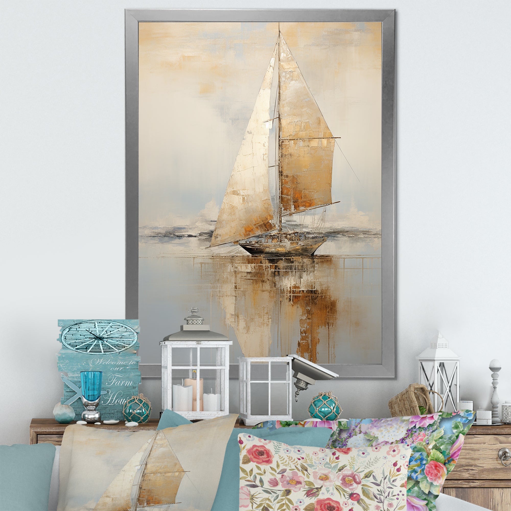 Gold Sailing Charm In The Morning Mist - Boat Sailing Canvas Wall Art