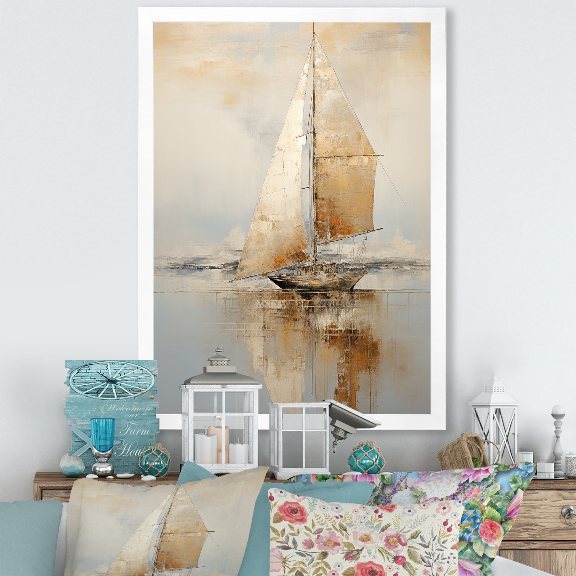 Gold Sailing Charm In The Morning Mist - Boat Sailing Canvas Wall Art