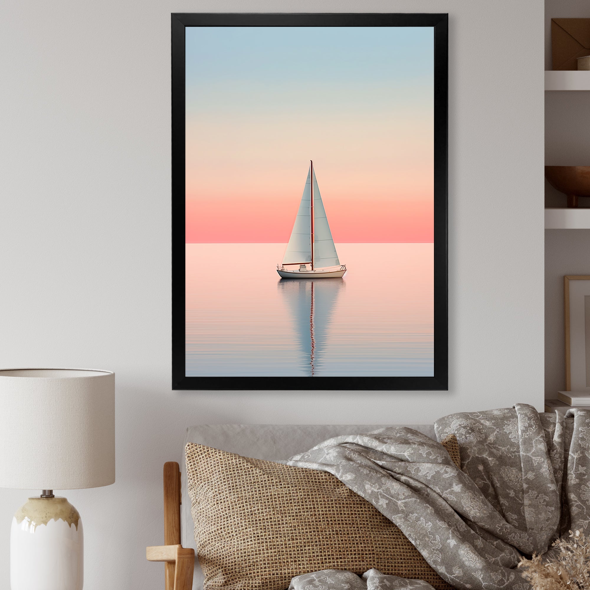 Blue And Pink Sailing Boat Calm Horizon - Boat Sailing Canvas Wall Art