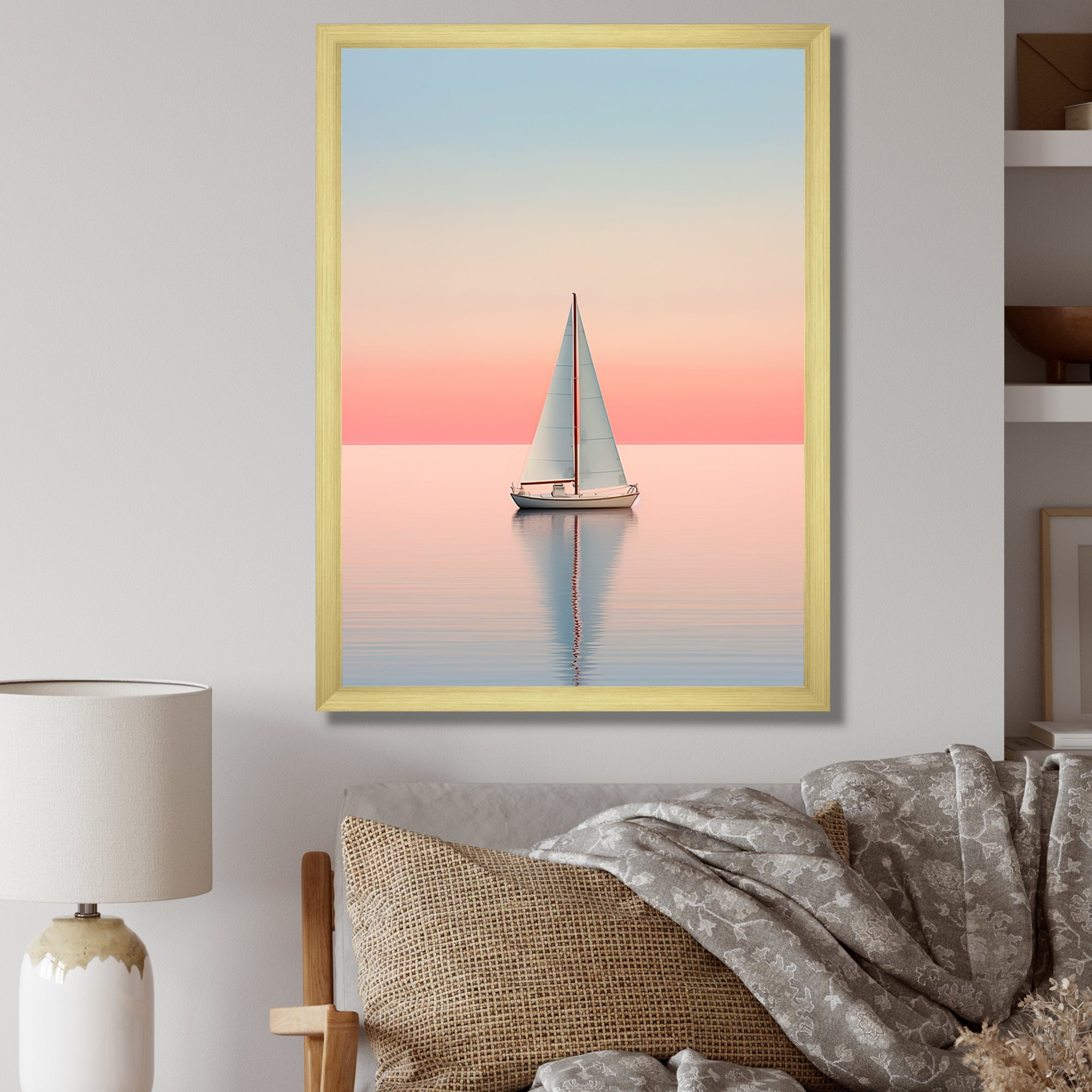 Blue And Pink Sailing Boat Calm Horizon - Boat Sailing Canvas Wall Art