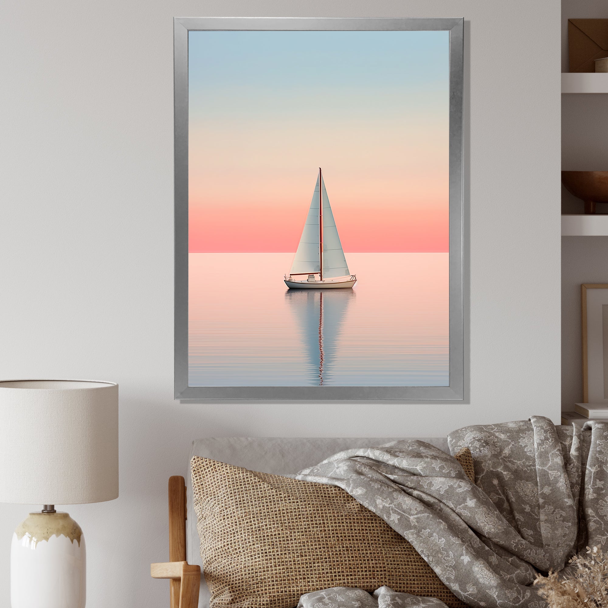 Blue And Pink Sailing Boat Calm Horizon - Boat Sailing Canvas Wall Art