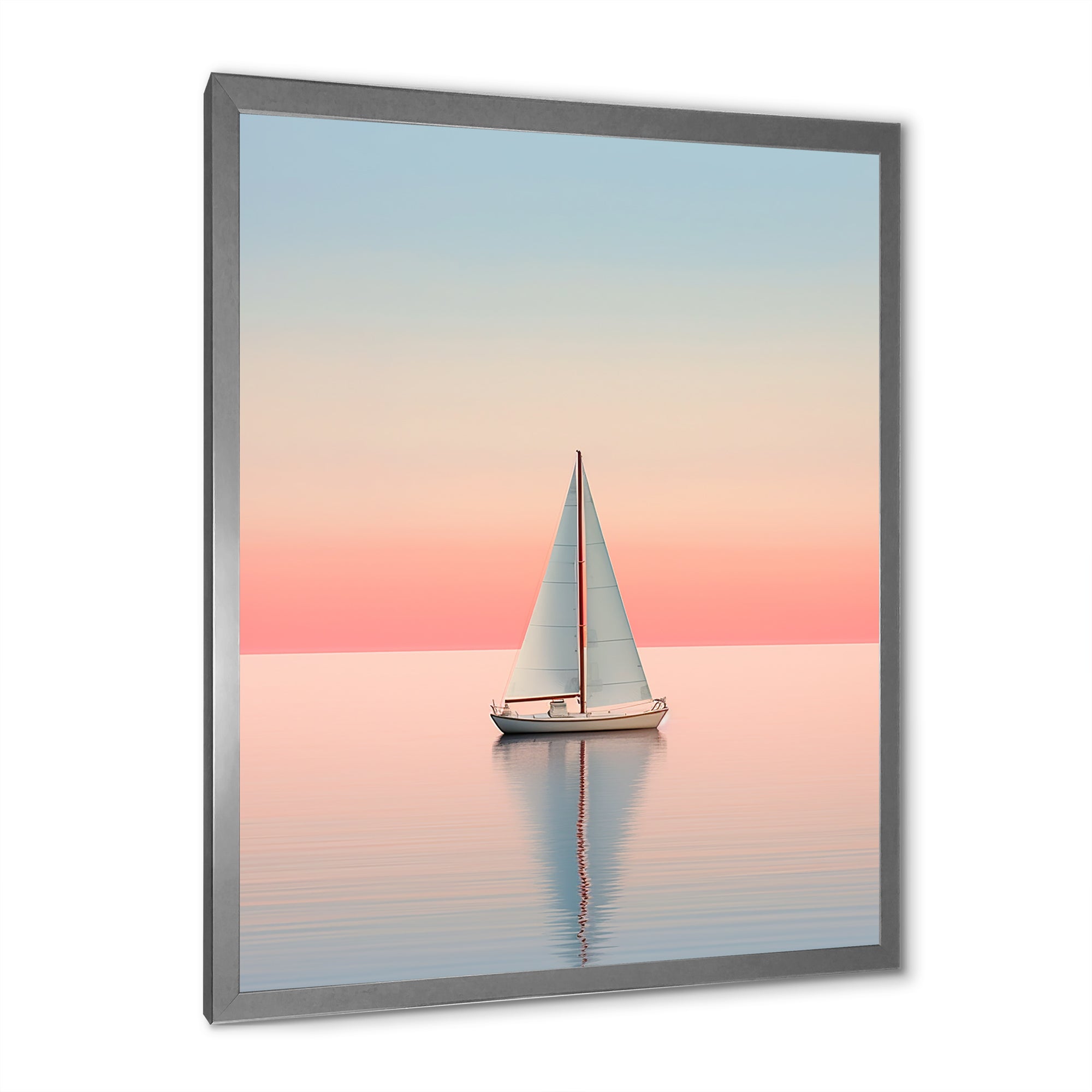 Blue And Pink Sailing Boat Calm Horizon - Boat Sailing Canvas Wall Art