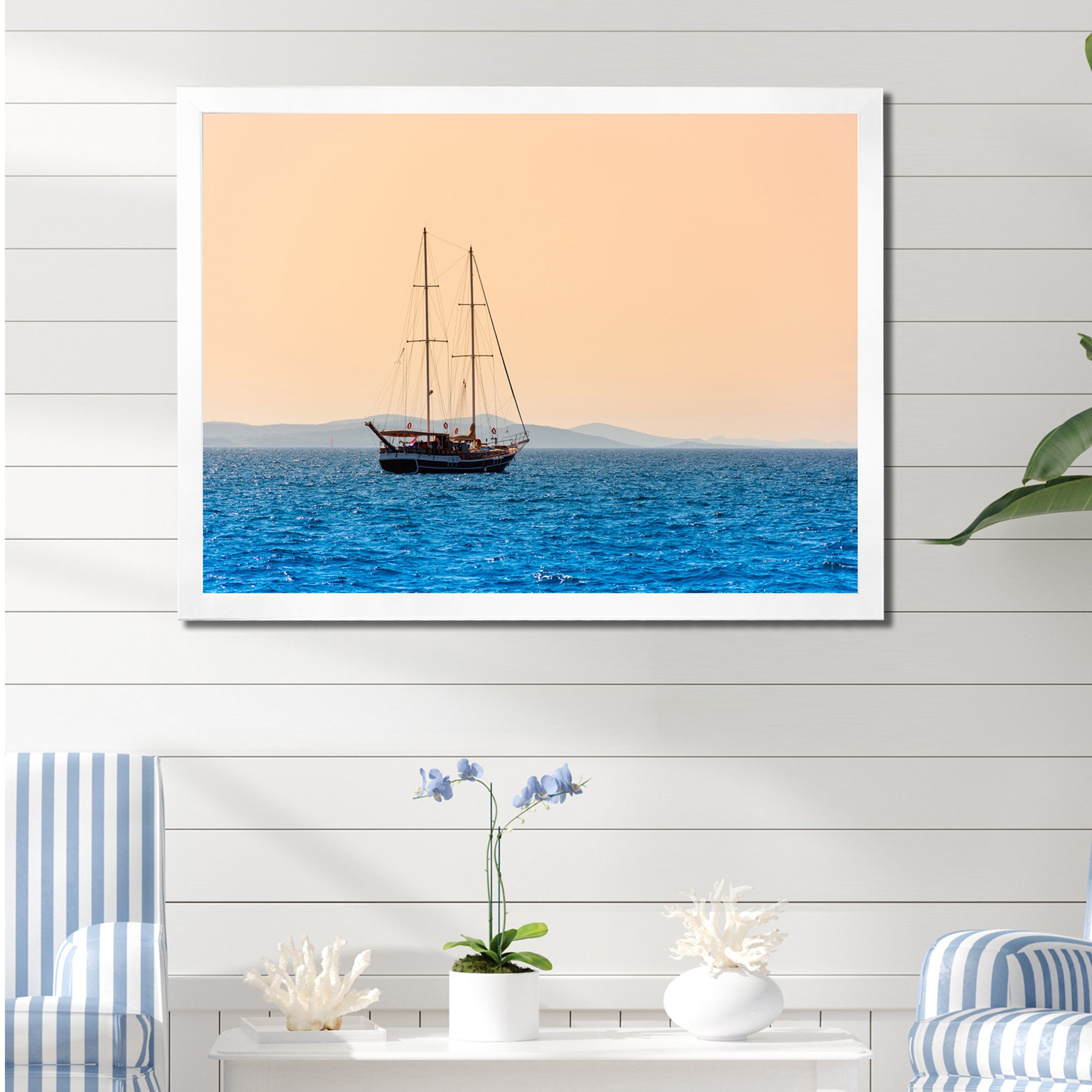Lonely Sailboat Sails Sea Dawn - Boat Sailing Canvas Wall Art