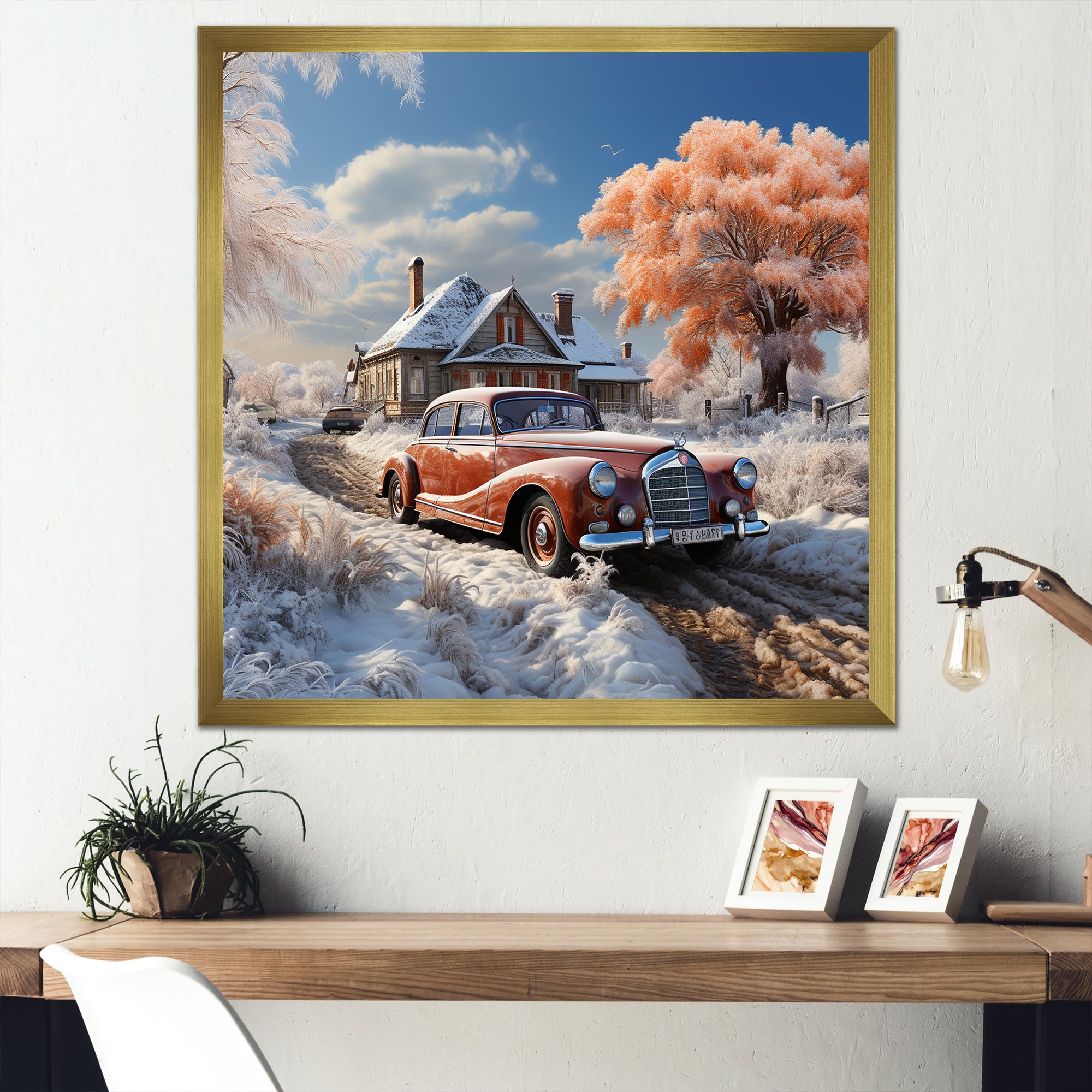 1950s Car Charm In Winter - Car Exotic Canvas Wall Art
