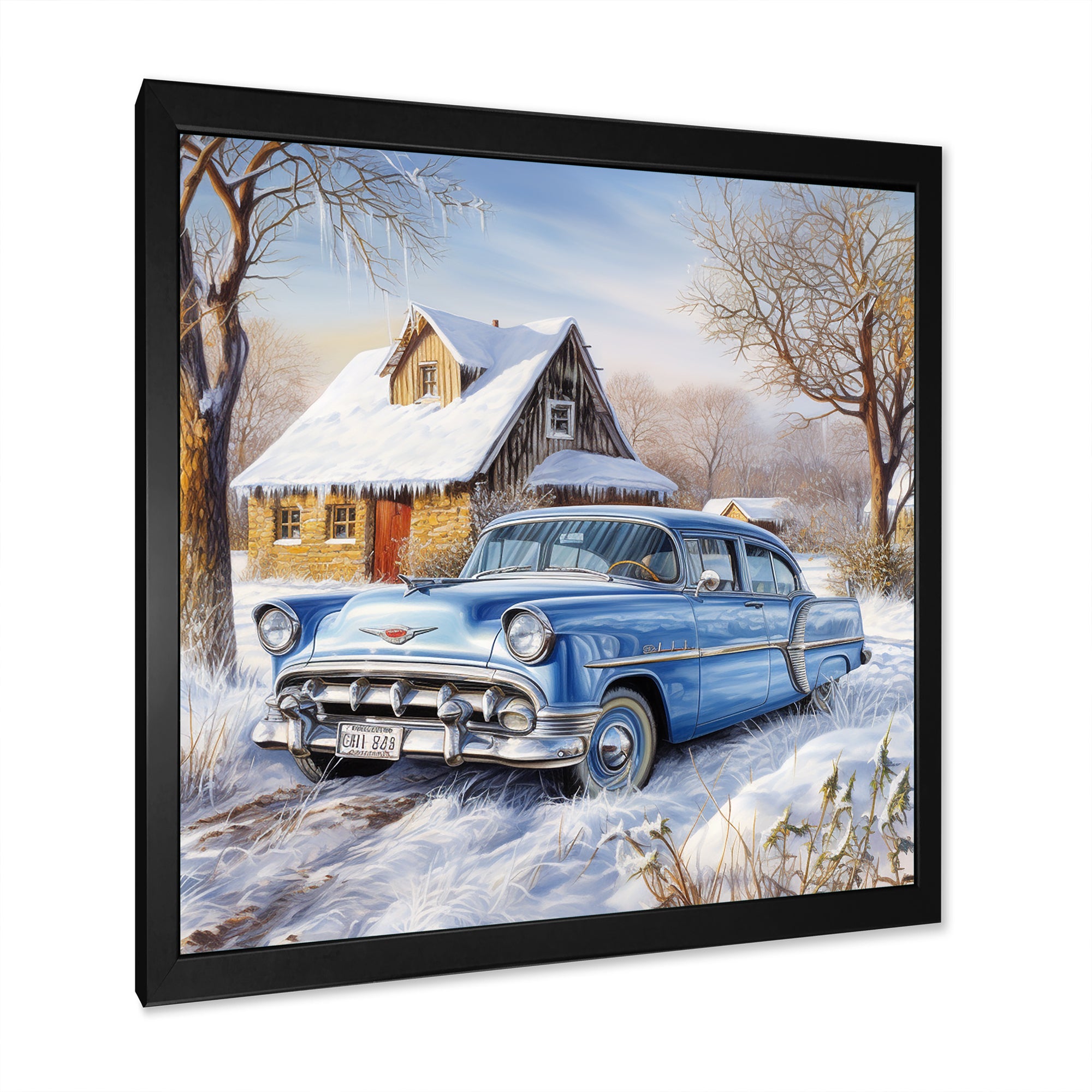 Old American Car Charm In Winter - Car Old American Canvas Wall Art
