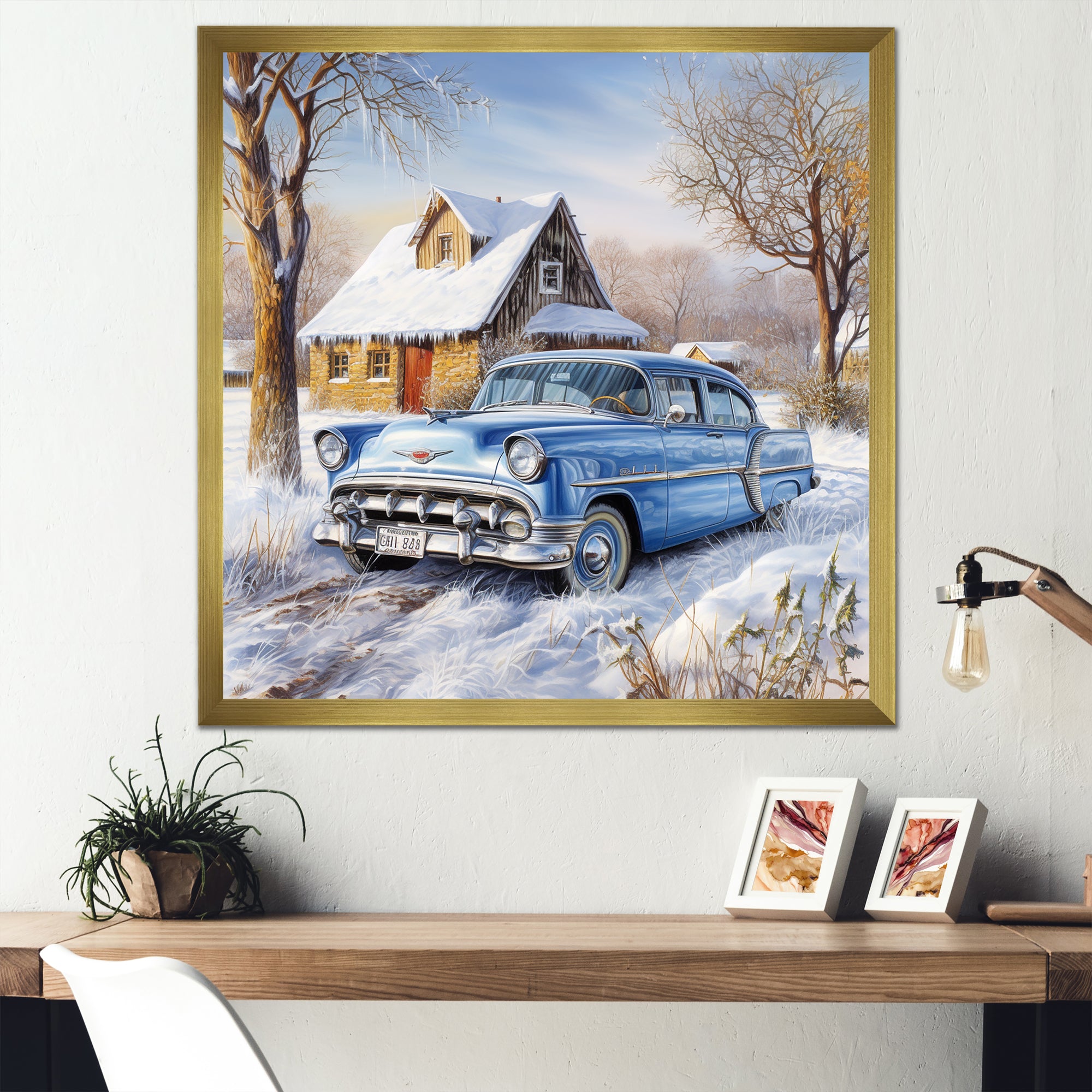 Old American Car Charm In Winter - Car Old American Canvas Wall Art