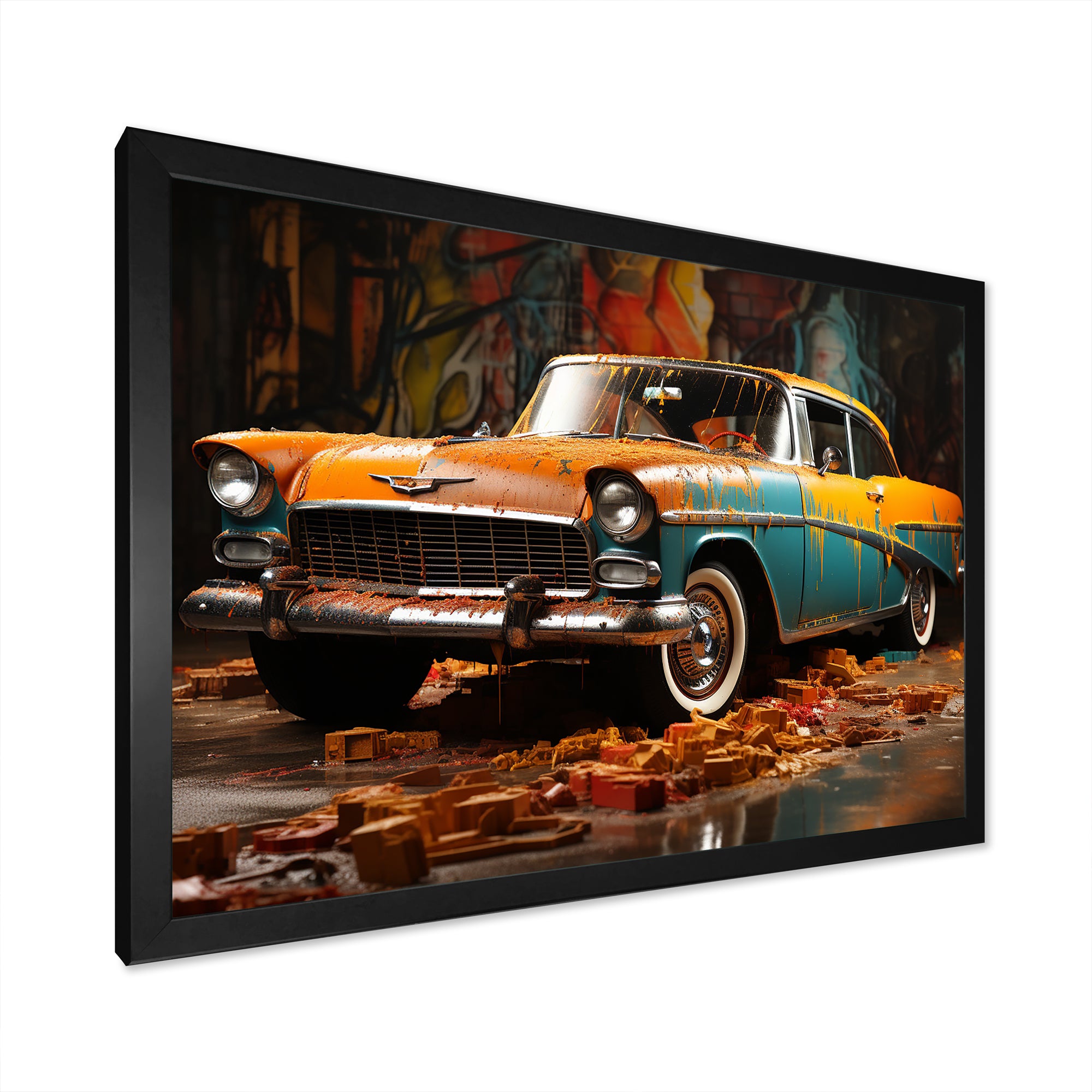 Green And Yellow Old American Car - Car Vintage Canvas Wall Art