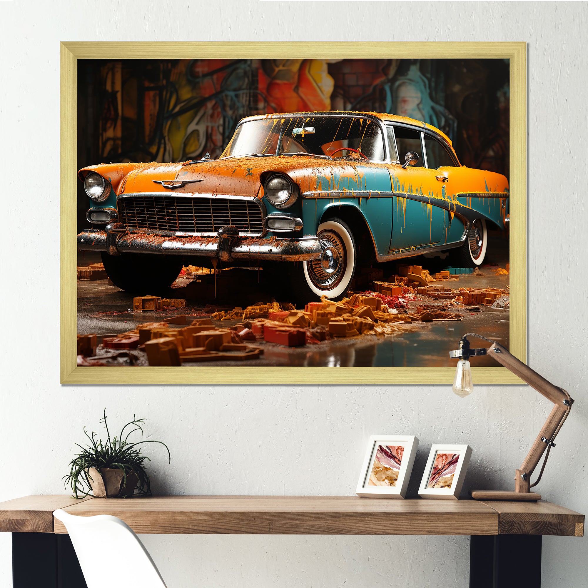Green And Yellow Old American Car - Car Vintage Canvas Wall Art